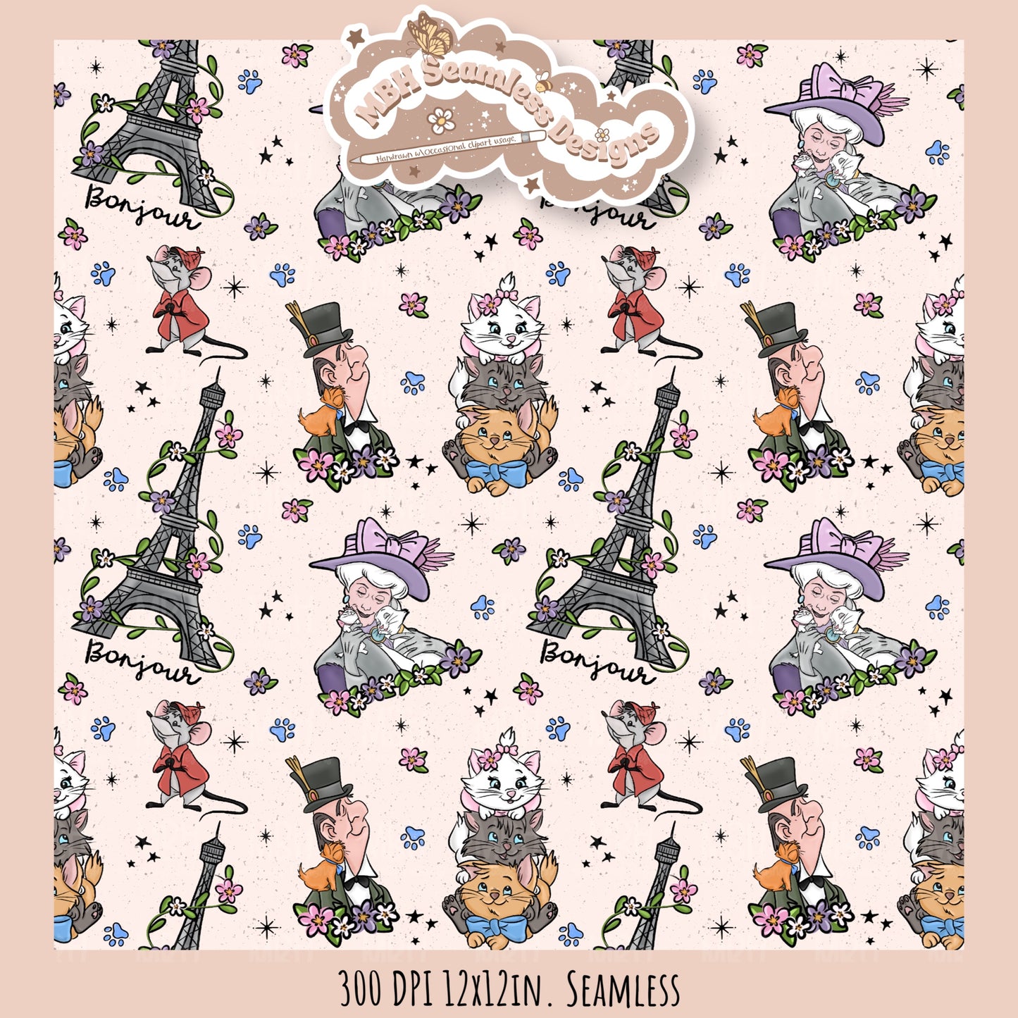 Floral Aristocats Seamless Pattern // PNG // Multiple Colorway Options