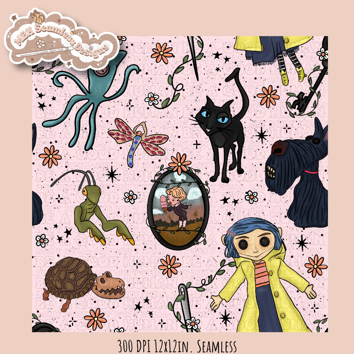 Boho Button Eyes Floral Seamless Pattern Multiple Colorway Options