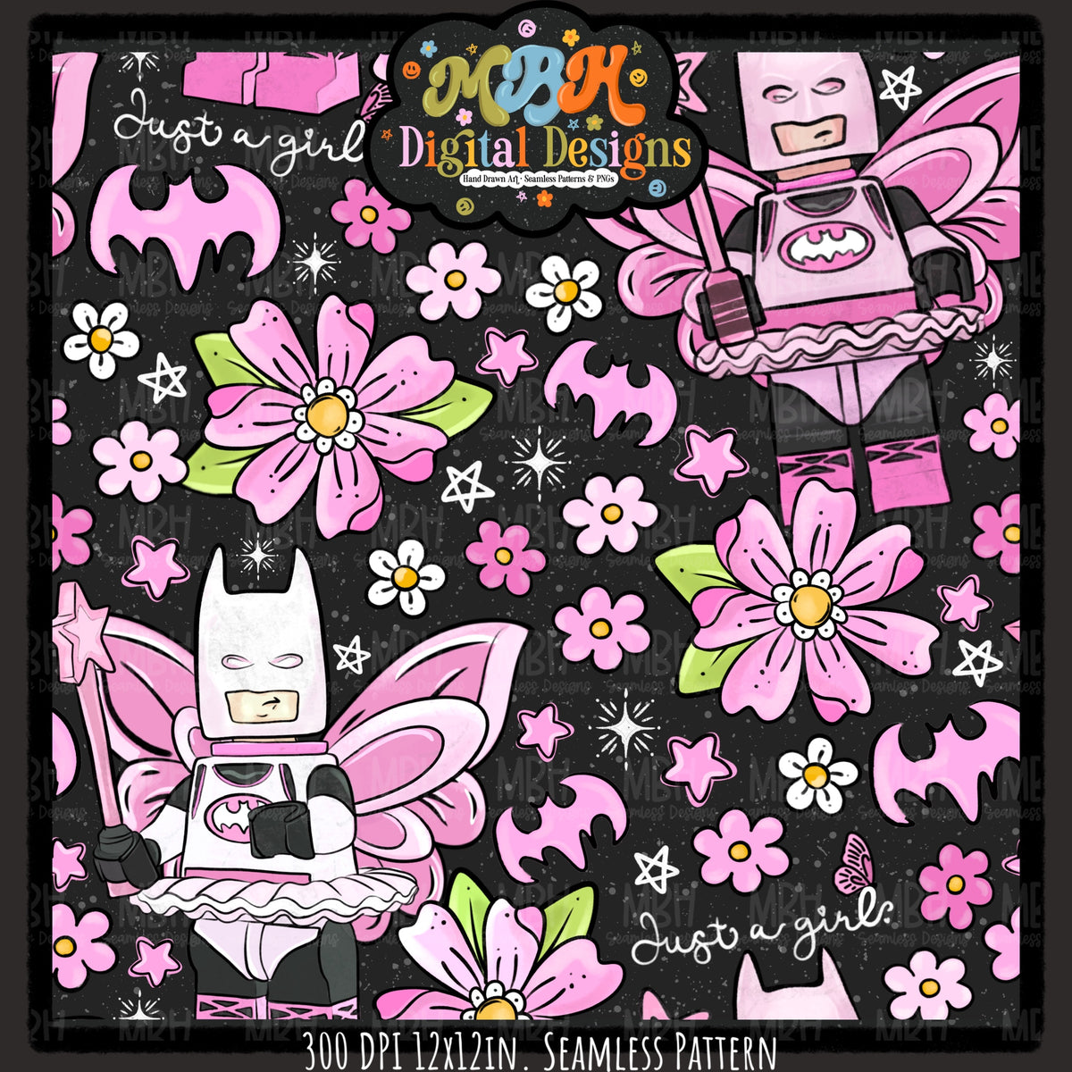 Floral Batgirl Seamless Pattern // PNG // MULTIPLE COLORWAYS