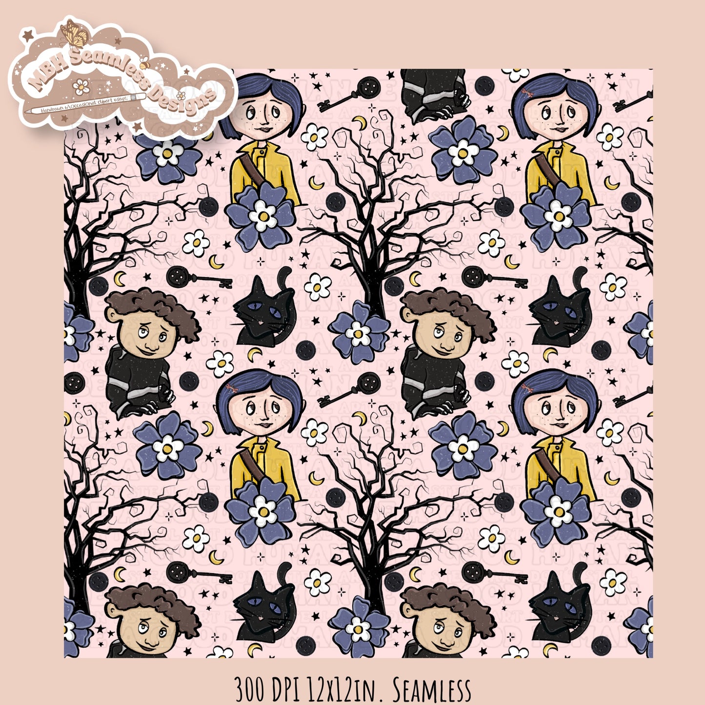 Bohemian Floral Button Eye Girl Seamless Pattern // PNG // Assorted Colorway Options