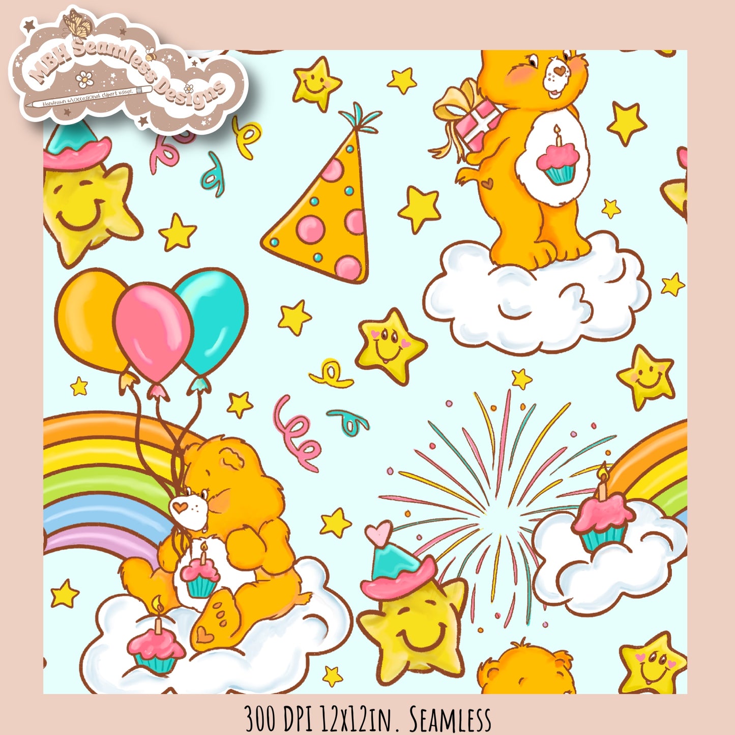 Birthday Care Bear Seamless Pattern & PNG MULTIPLE COLORWAY OPTIONS