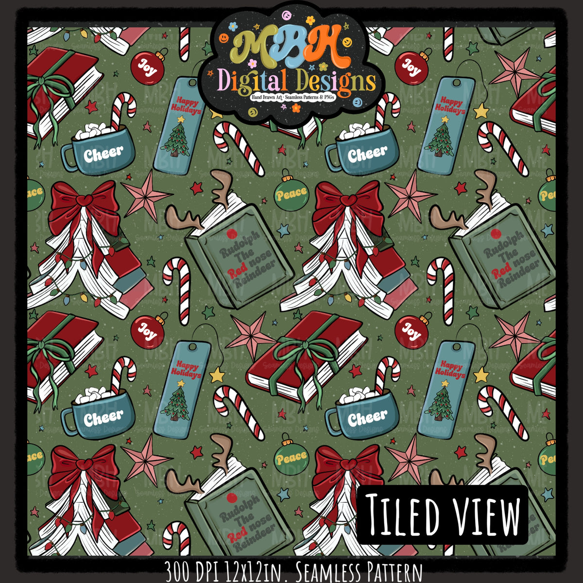 Moody Bookish Christmas Seamless Pattern // MULTIPLE COLORWAYS