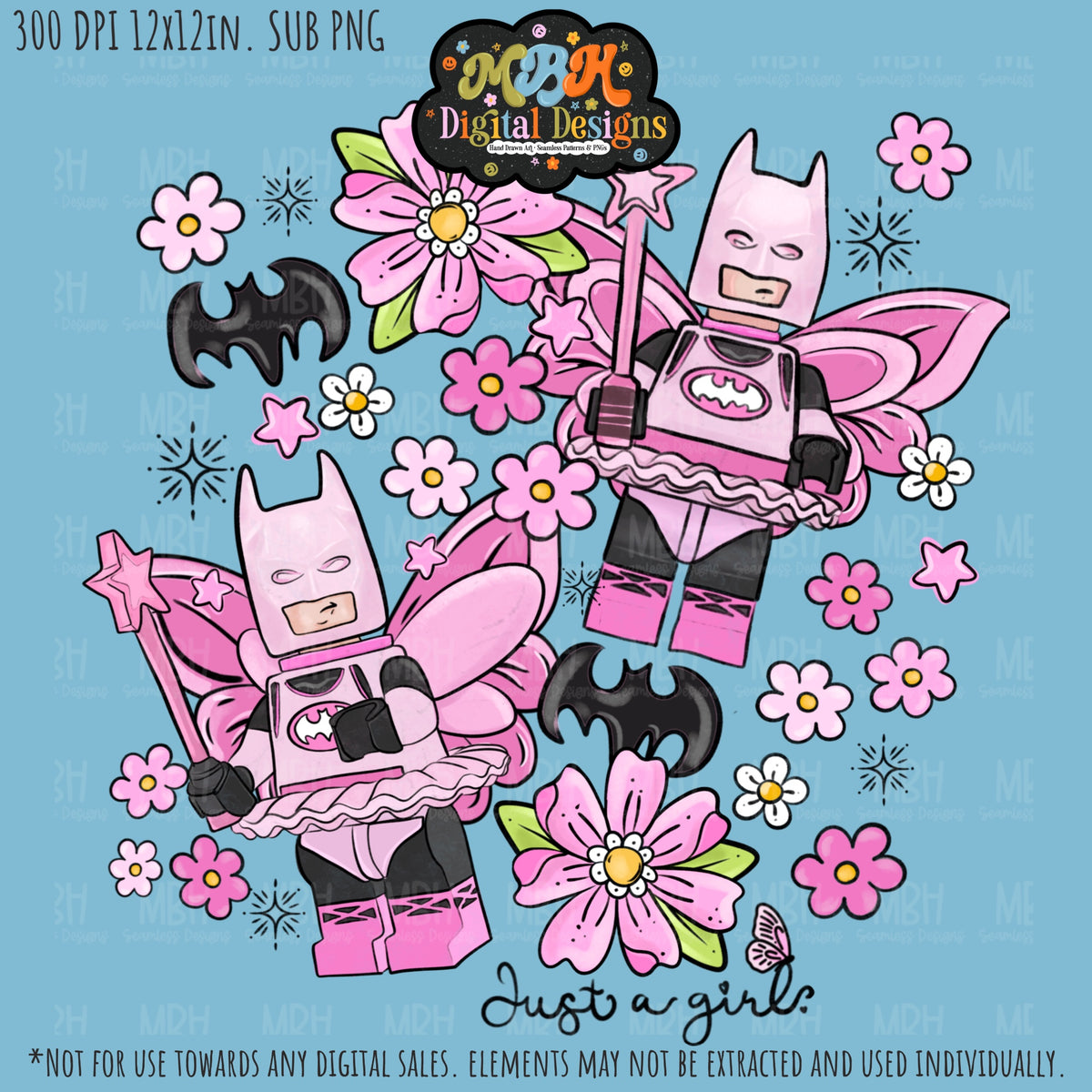 Floral Batgirl Seamless Pattern // PNG // MULTIPLE COLORWAYS