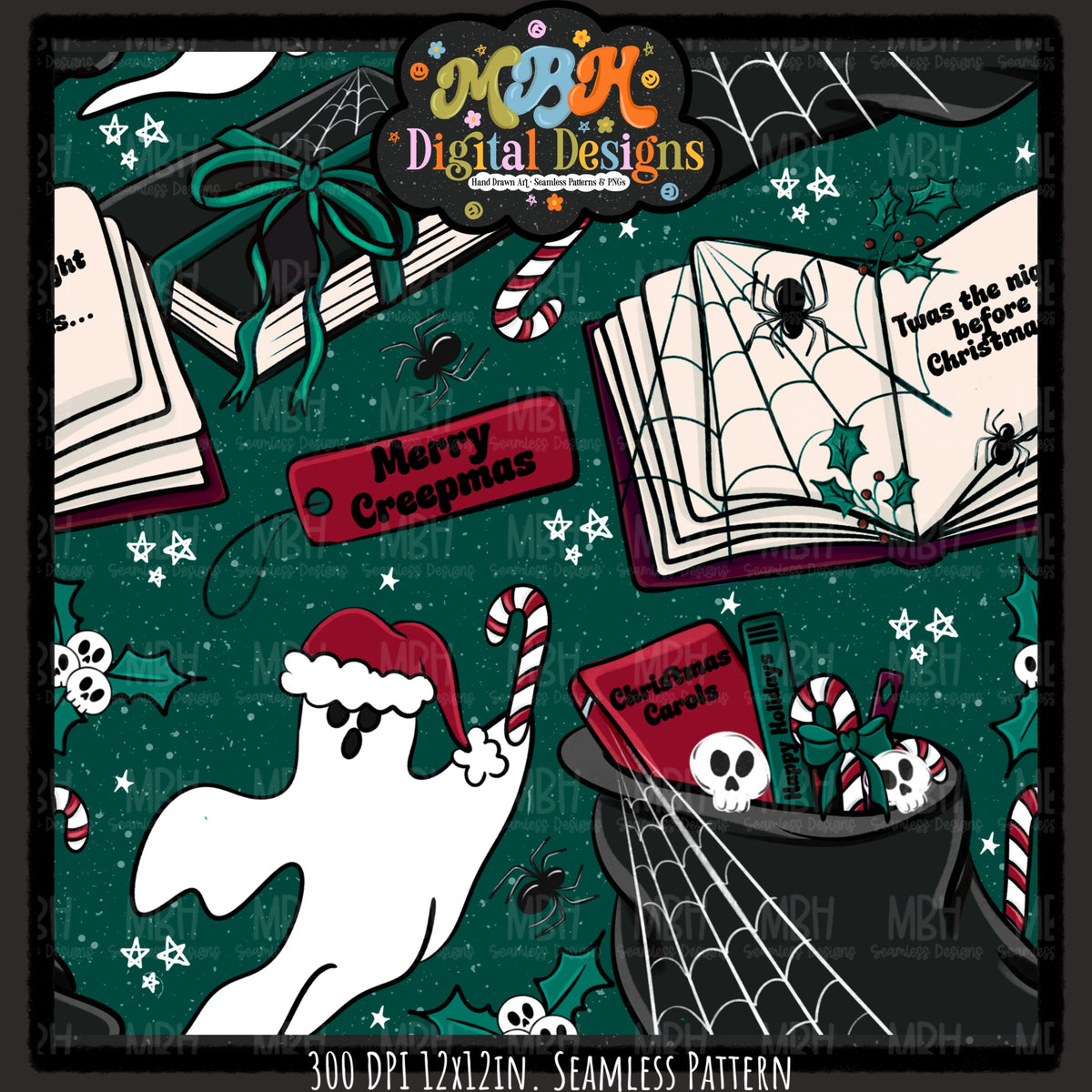 Bookish Creepmas Seamless Pattern // MULTIPLE COLORWAYS