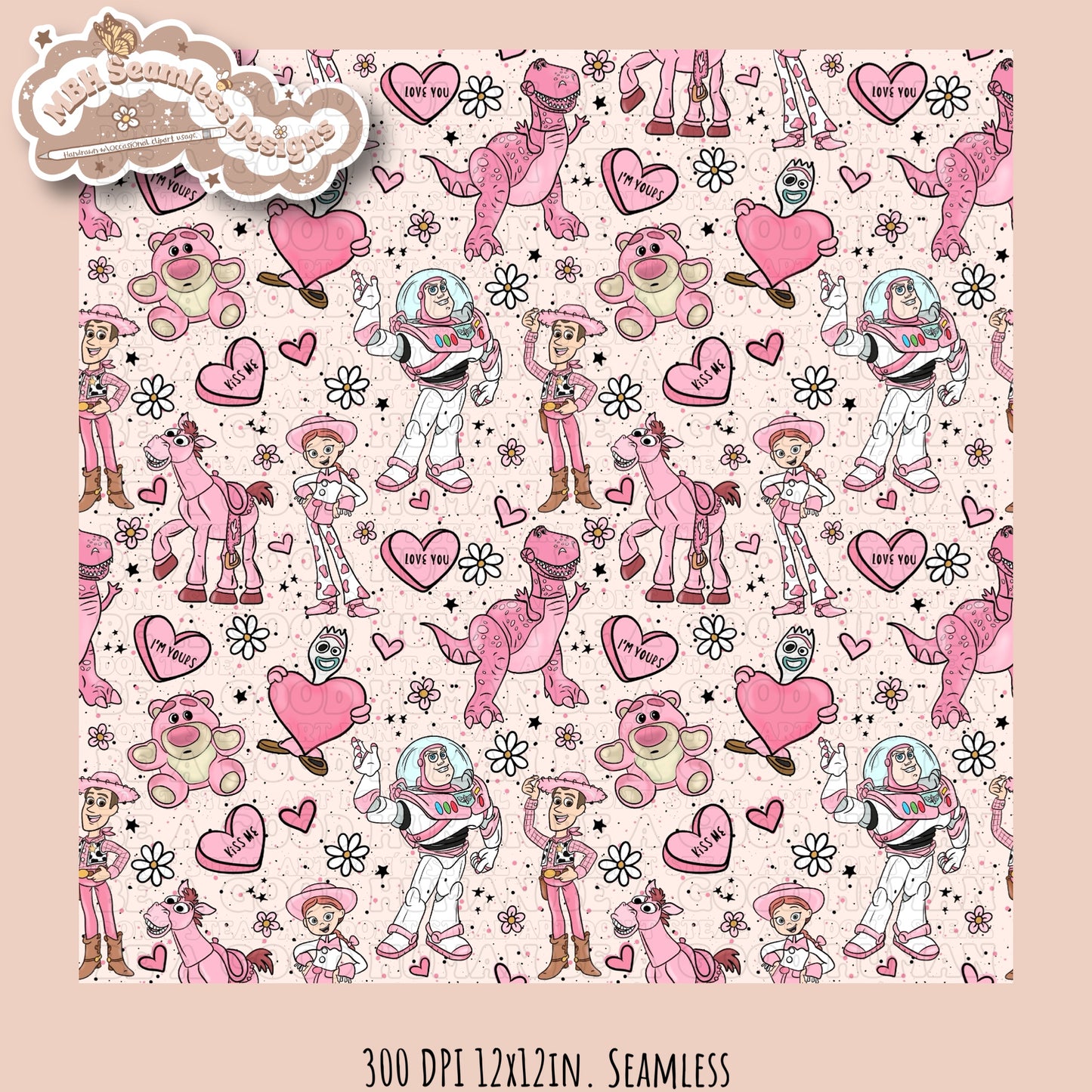 Pink Toy Story Valentine’s Day Seamless Pattern & PNG Multiple Colorways