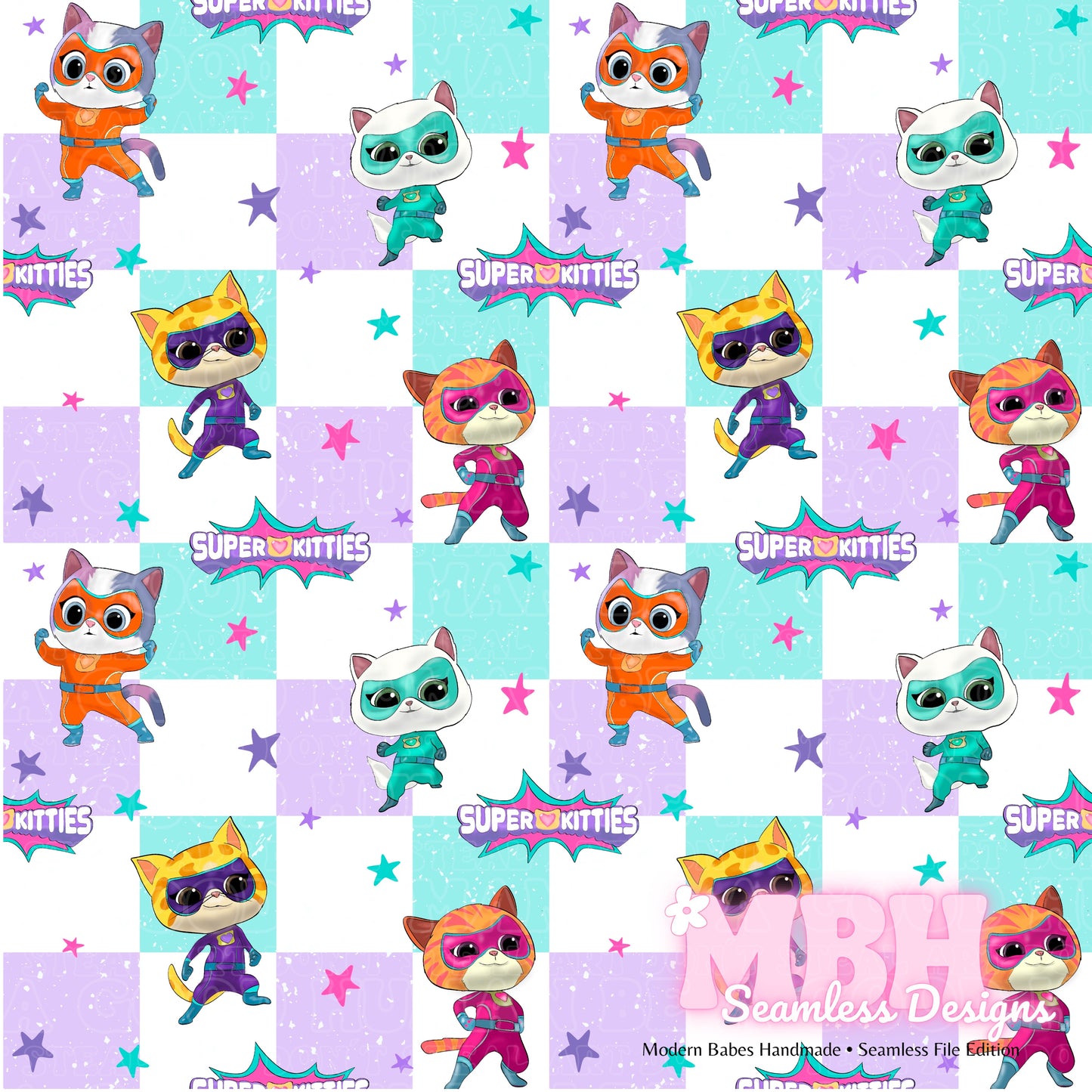 Super Kitties Starry Chex Seamless Pattern