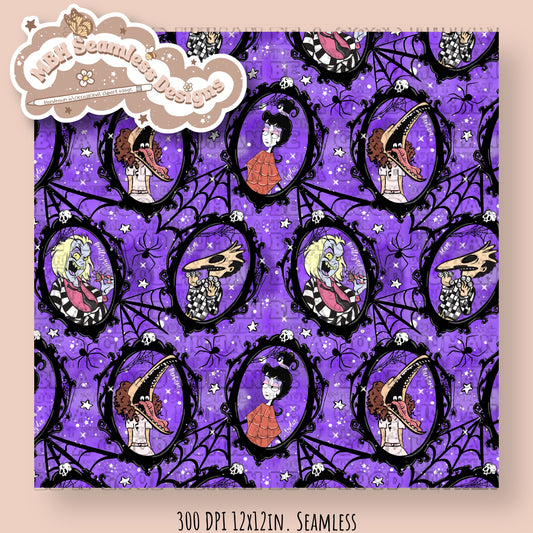 Beetlejuice Spiders Spooky Frames Seamless Pattern MULTIPLE COLORWAYS