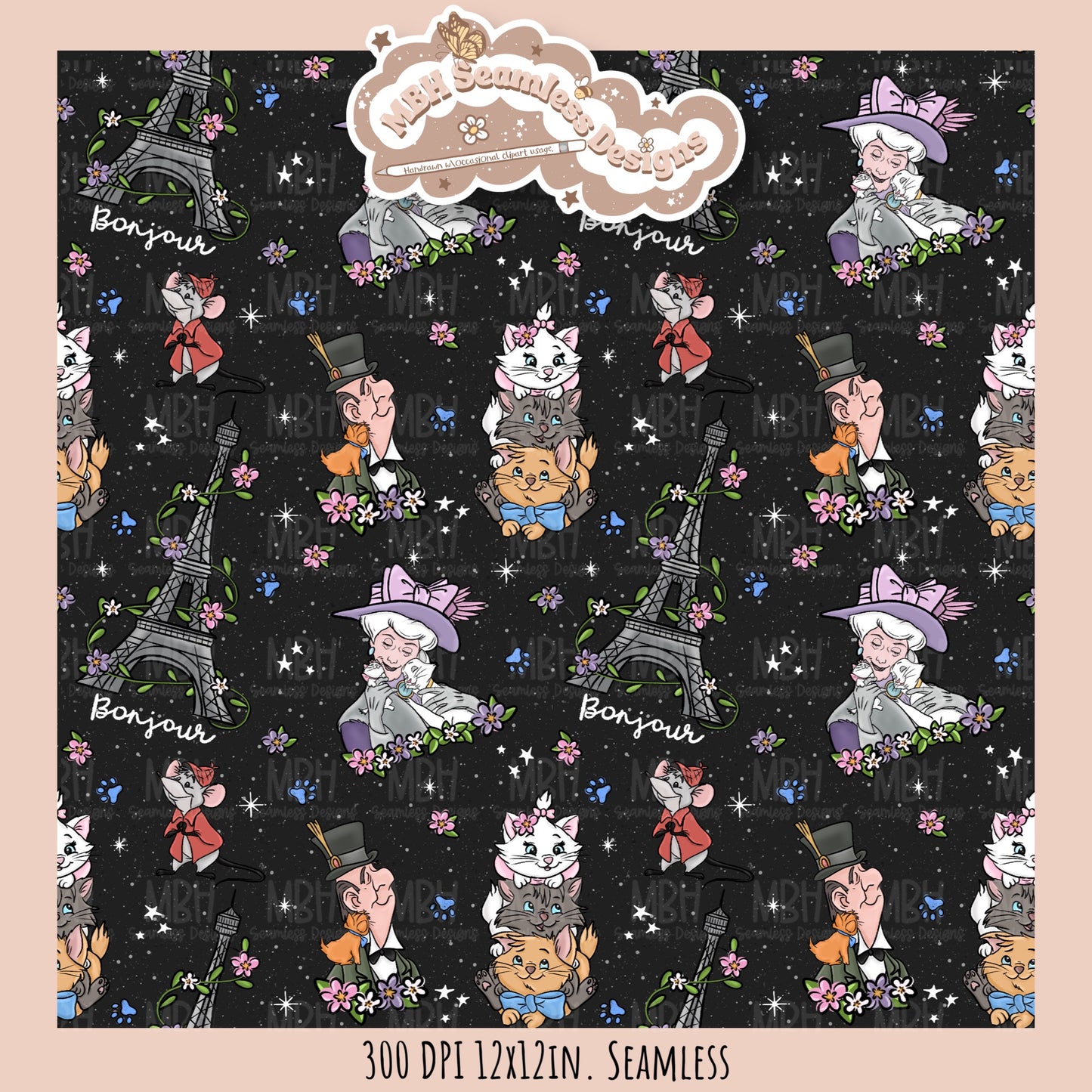 Floral Aristocats Seamless Pattern // PNG // Multiple Colorway Options