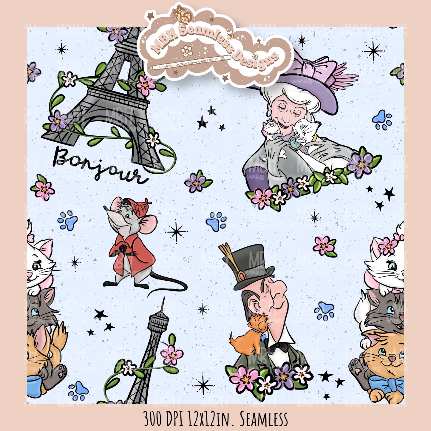 Floral Aristocats Seamless Pattern // PNG // Multiple Colorway Options