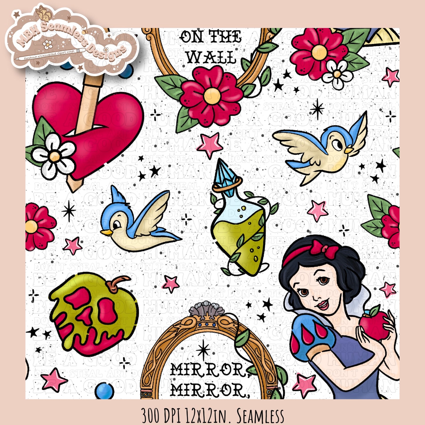 Snow White Tattoo Floral Seamless Pattern MULTIPLE COLORWAYS