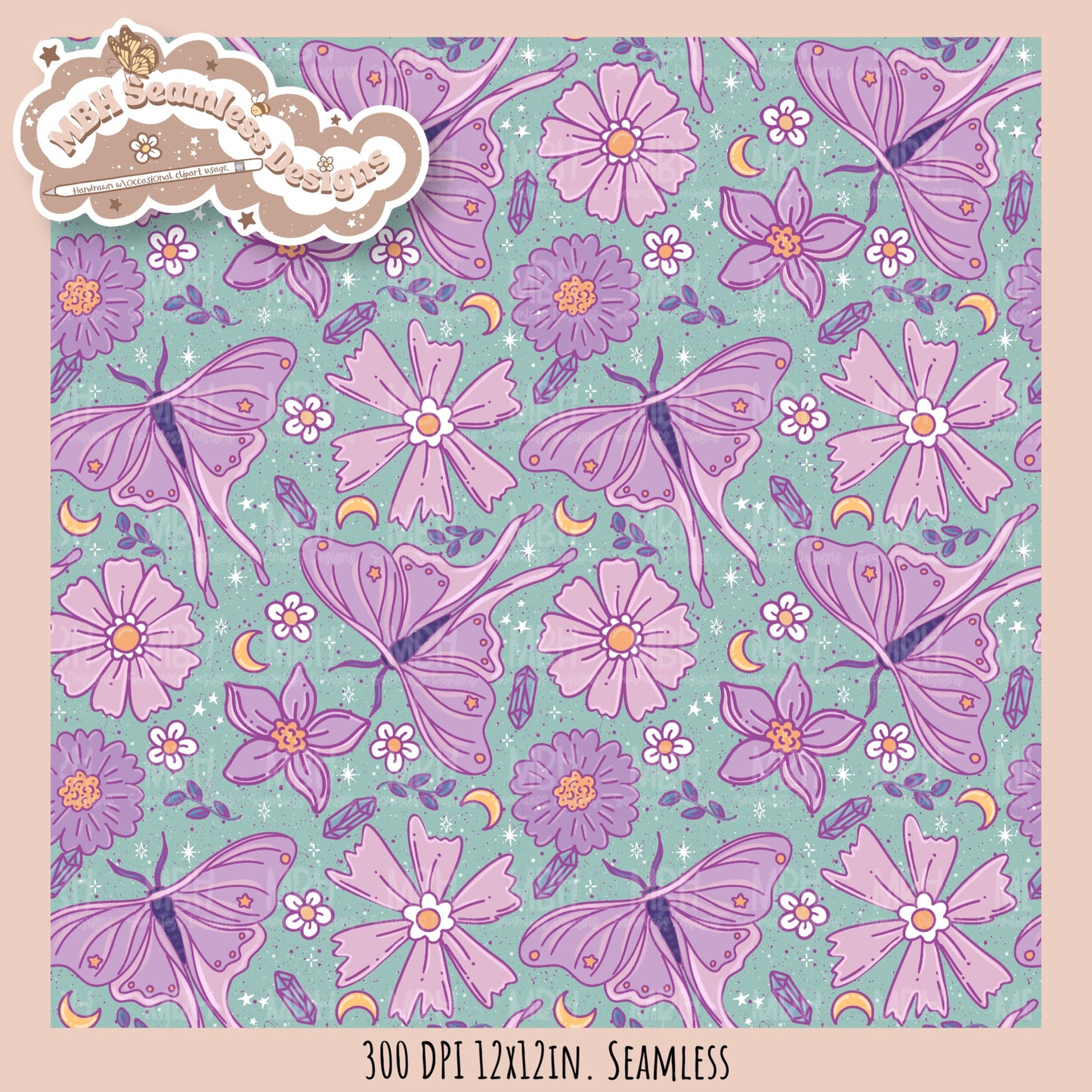 Starry Night Floral Luna Moths Seamless Pattern // PNG//  MULTIPLE COLORWAYS