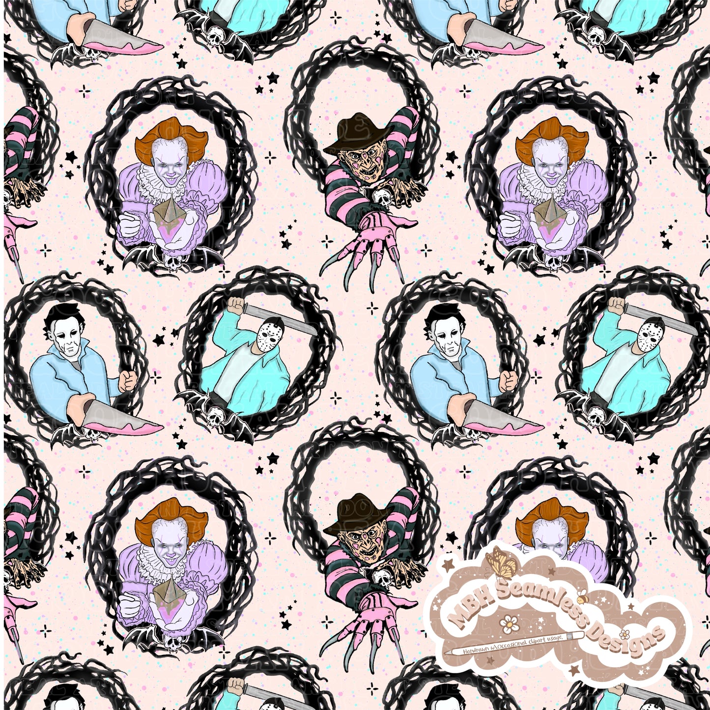 Pastel Horror Mashup Frames Seamless Pattern Multiple Colorways