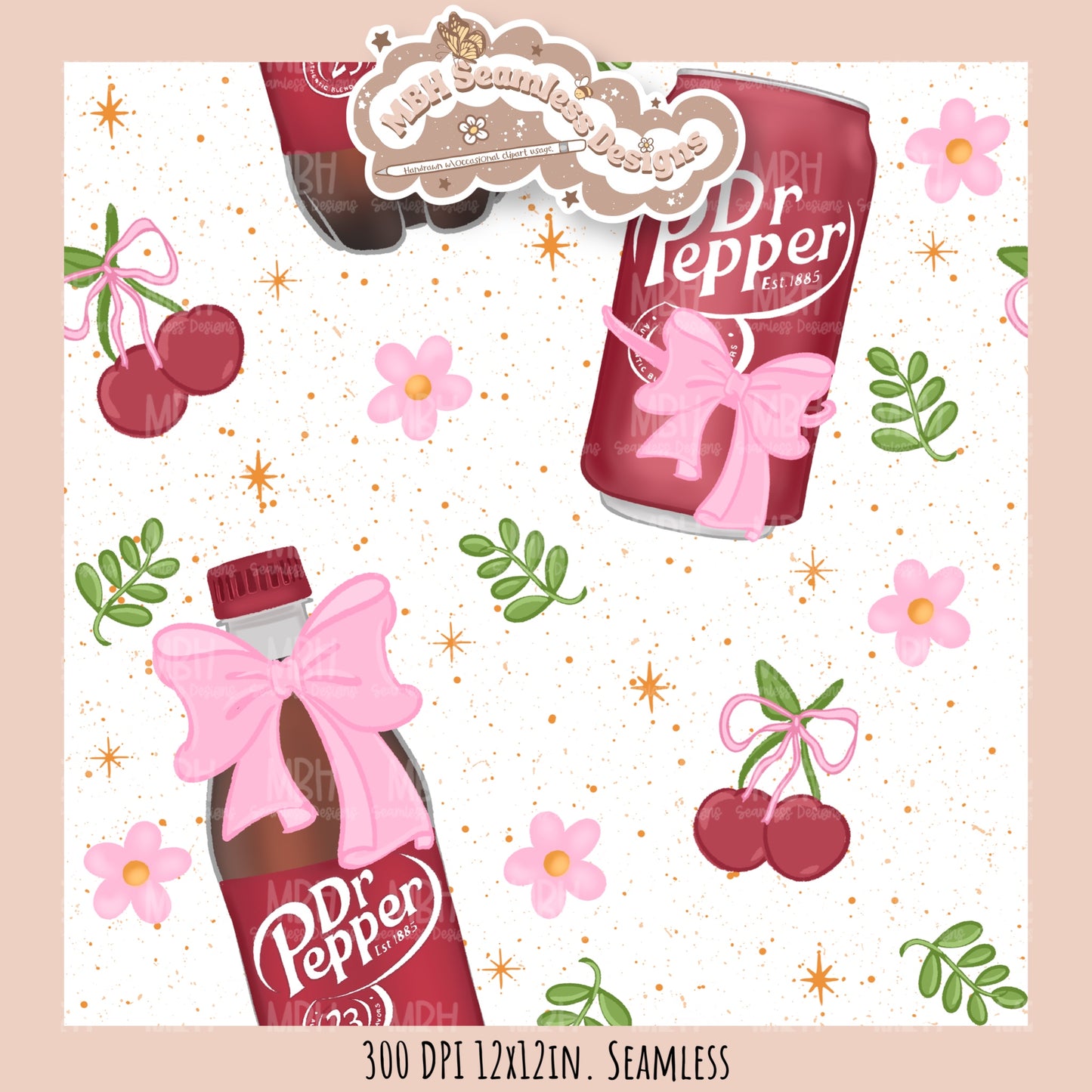 Coquette Dr. Pepper Floral Seamless Pattern // Multiple Colorway Options