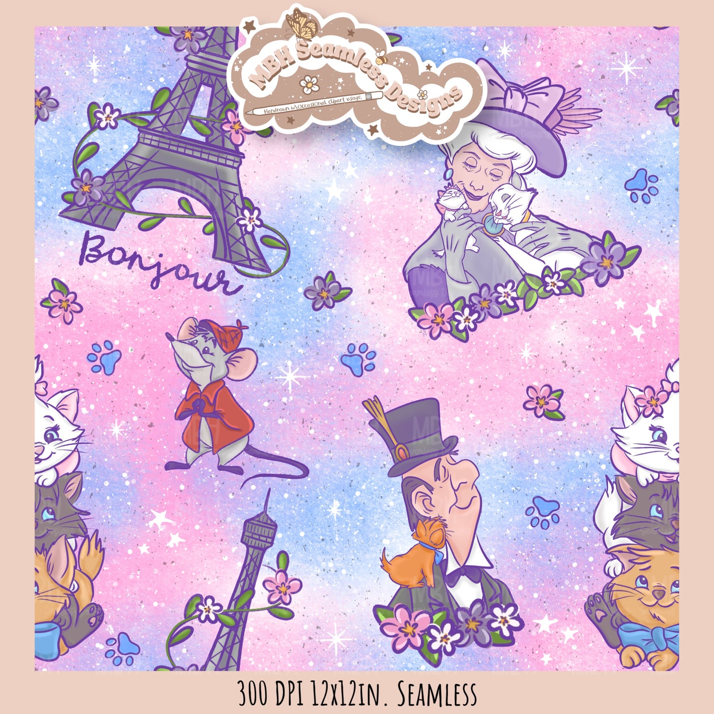 Floral Aristocats Seamless Pattern // PNG // Multiple Colorway Options