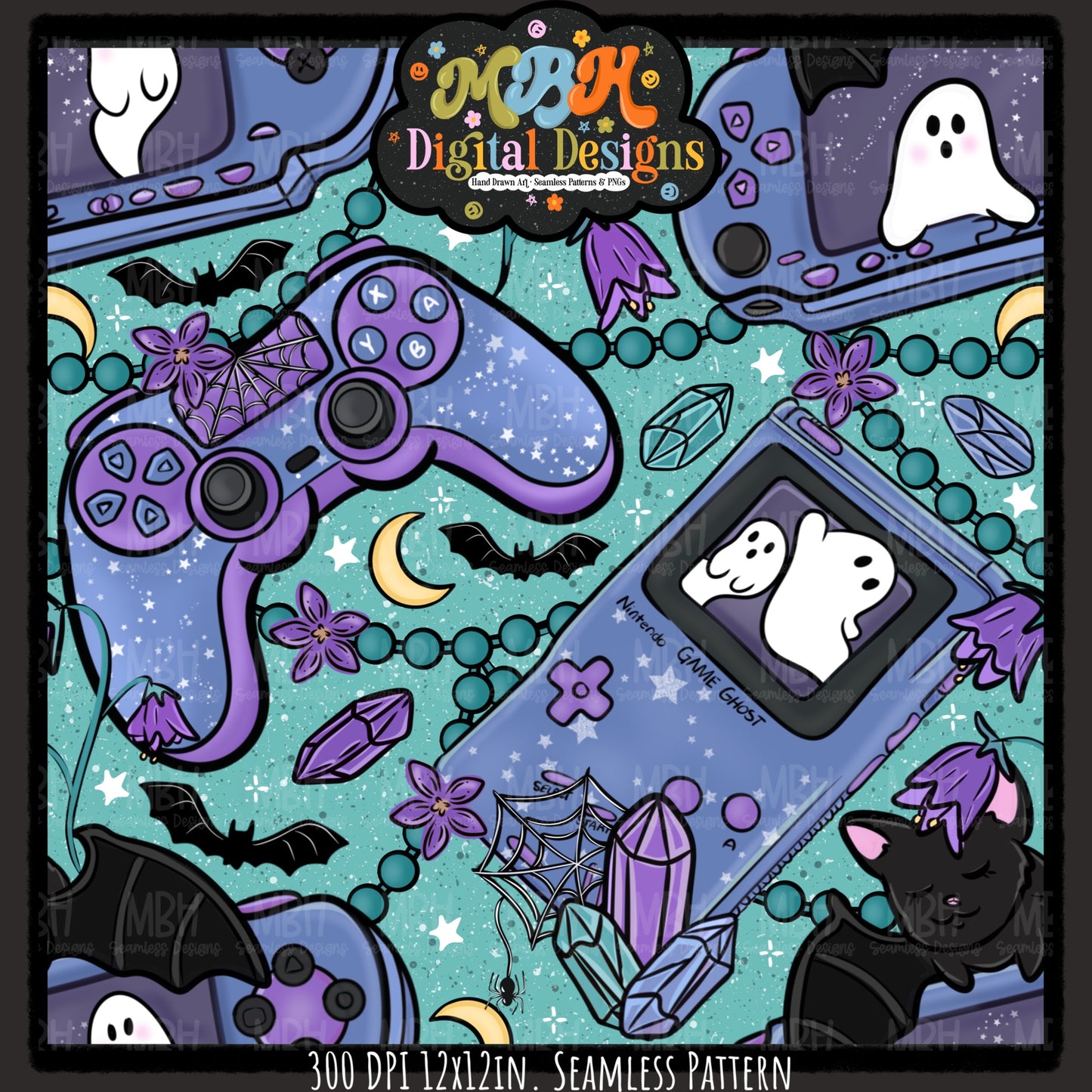 Spooky Gamer Seamless Pattern// PNG// MULTIPLE COLORWAYS