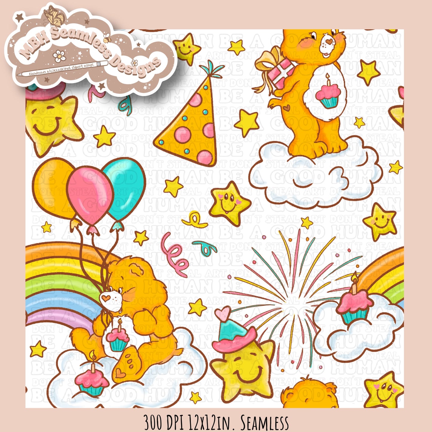 Birthday Care Bear Seamless Pattern & PNG MULTIPLE COLORWAY OPTIONS