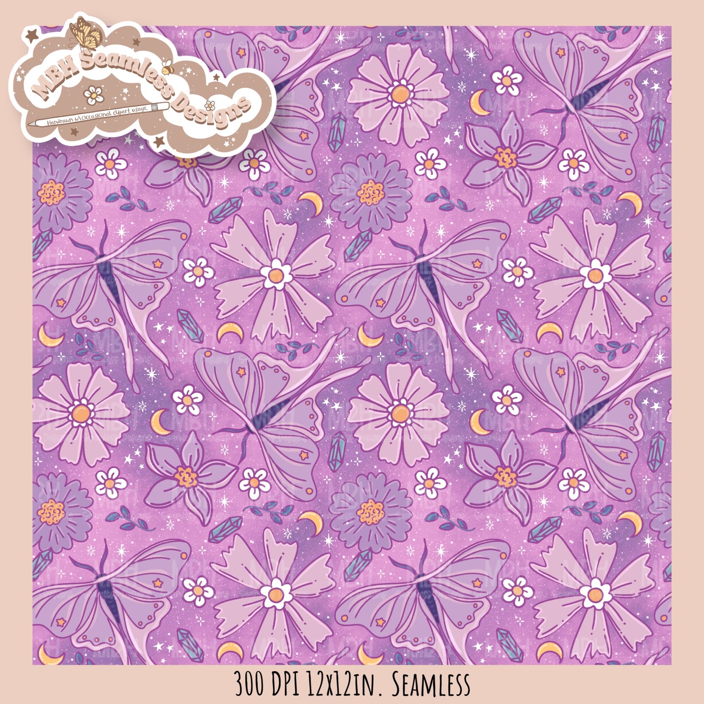 Starry Night Floral Luna Moths Seamless Pattern // PNG//  MULTIPLE COLORWAYS