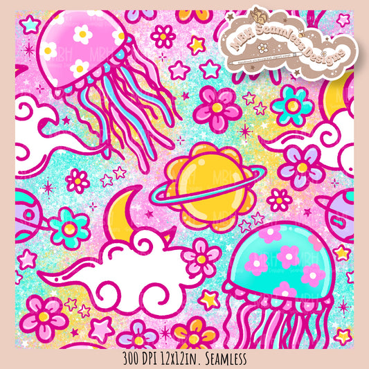 Space Jellyfish Seamless Pattern • Multiple Colorways •  Coordinates • PNG