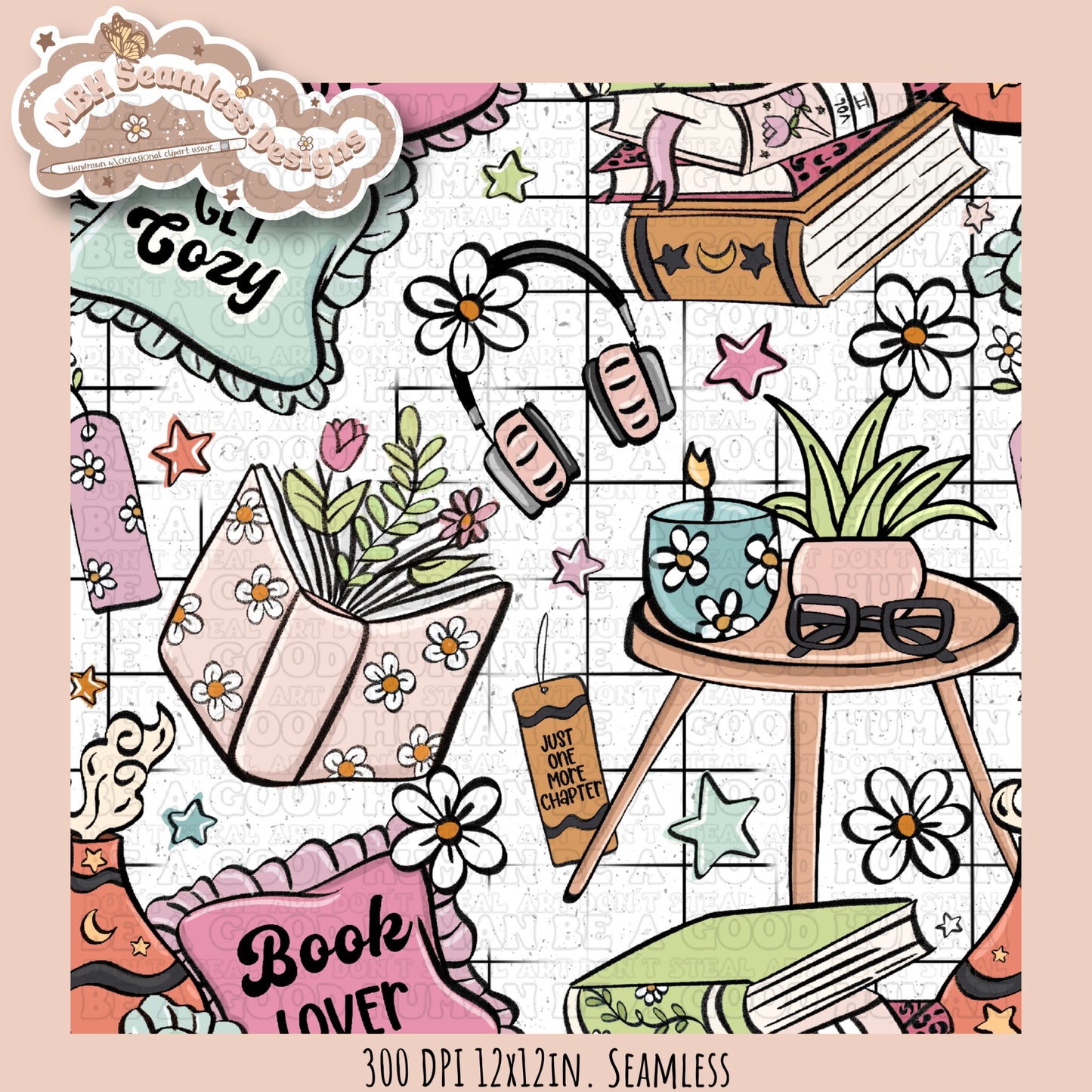 Cozy Spring Books Seamless Pattern & PNG•MULTIPLE COLORWAYS