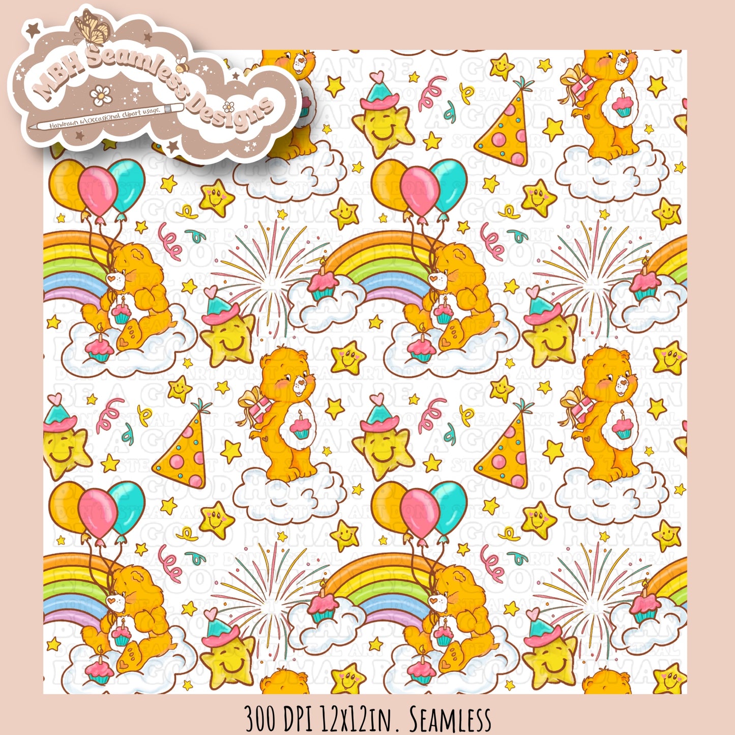 Birthday Care Bear Seamless Pattern & PNG MULTIPLE COLORWAY OPTIONS