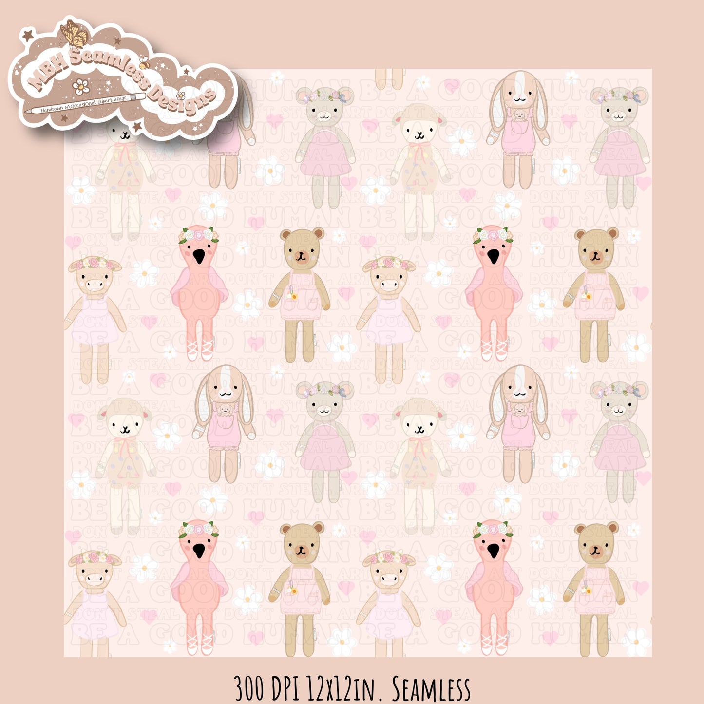 Cuddle + Kind Dolls Dainty Floral Hearts Seamless Pattern // Multiple Colorways