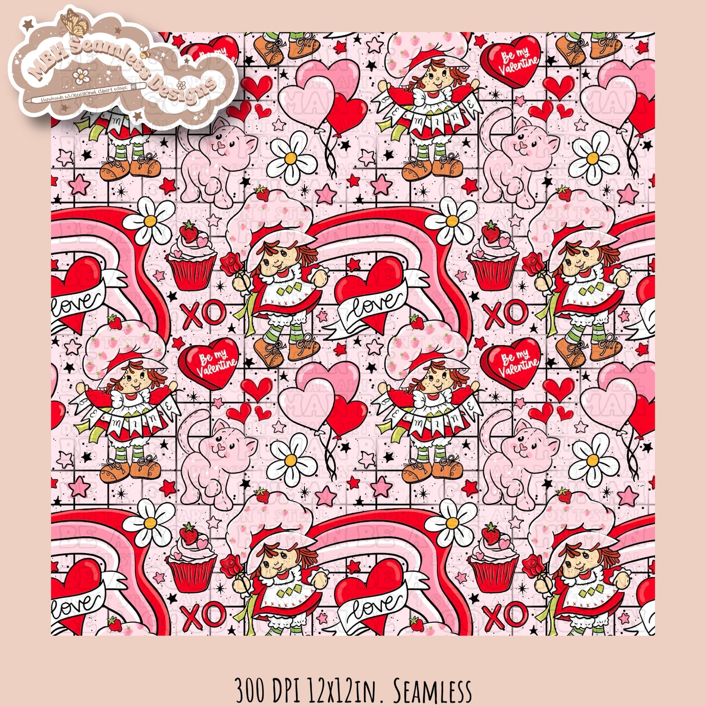 Strawberry Shortcake Valentine Seamless Pattern Multiple Colorways