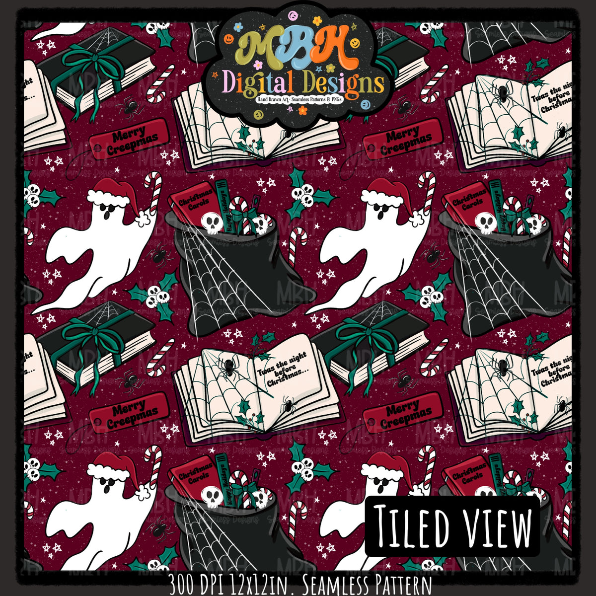 Bookish Creepmas Seamless Pattern // MULTIPLE COLORWAYS