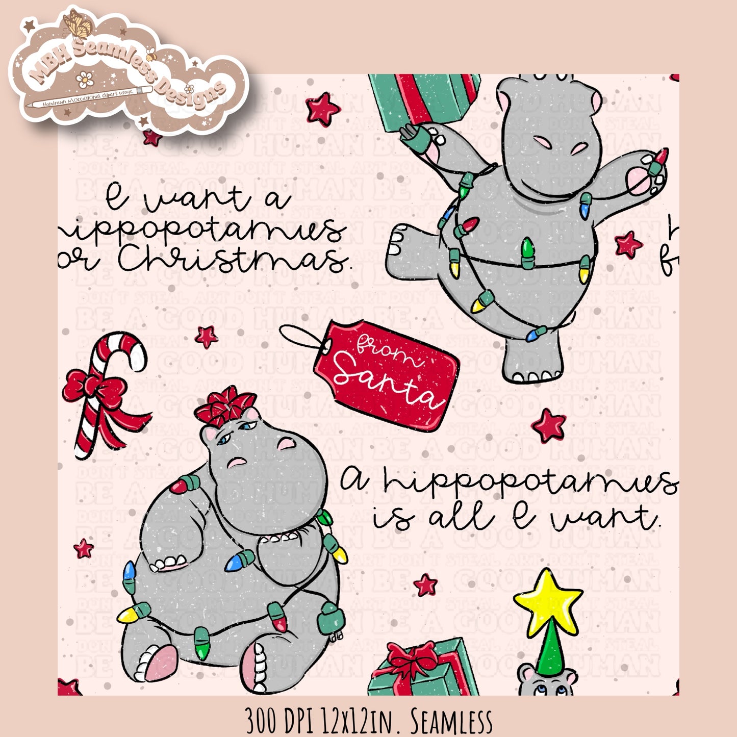 Hippopotamus Christmas Seamless Pattern MULTIPLE COLORWAYS