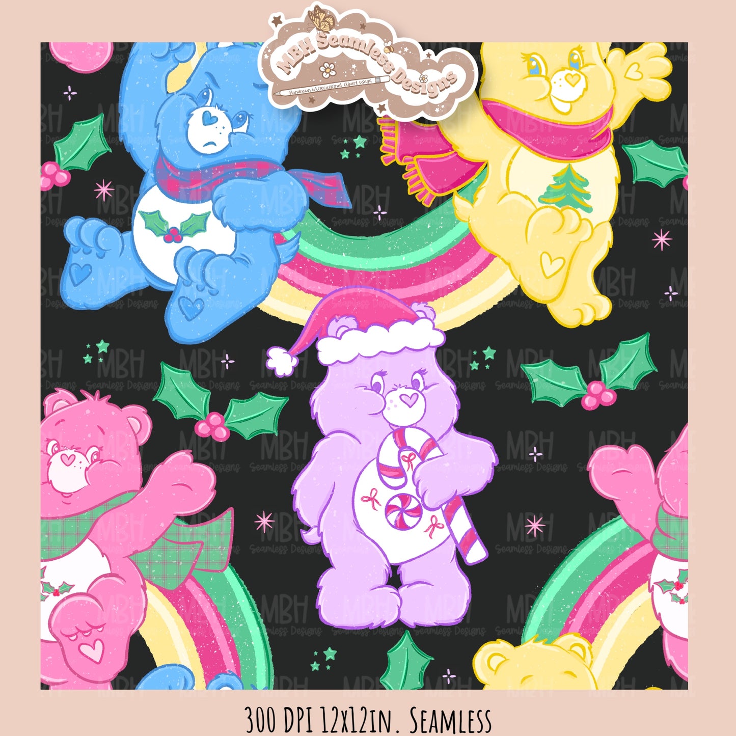 Holiday Care Bears Seamless Pattern // Assorted Colorway Options