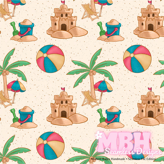 Sandcastles and Beachballs Seamless Pattern MULTIPLE COLORWAYS