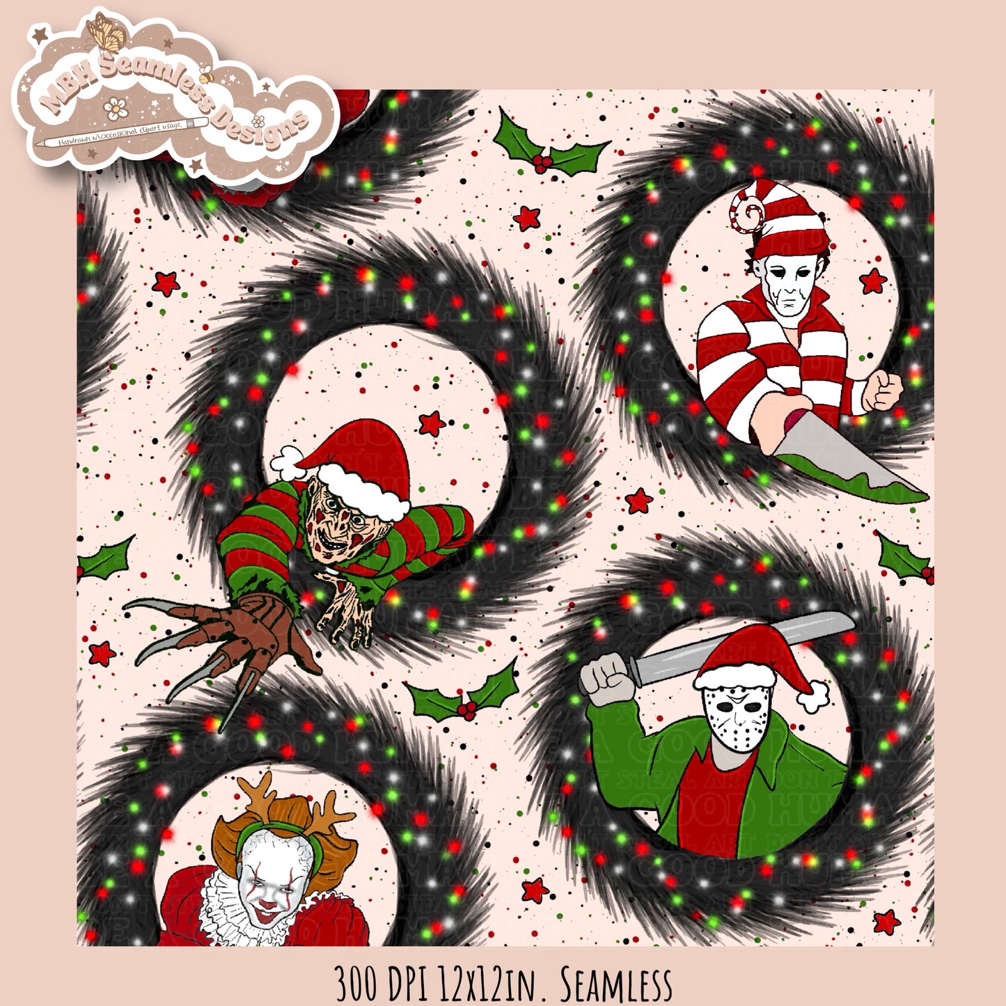 Christmas Horror Mashup Seamless Pattern MULTIPLE COLORWAY OPTIONS