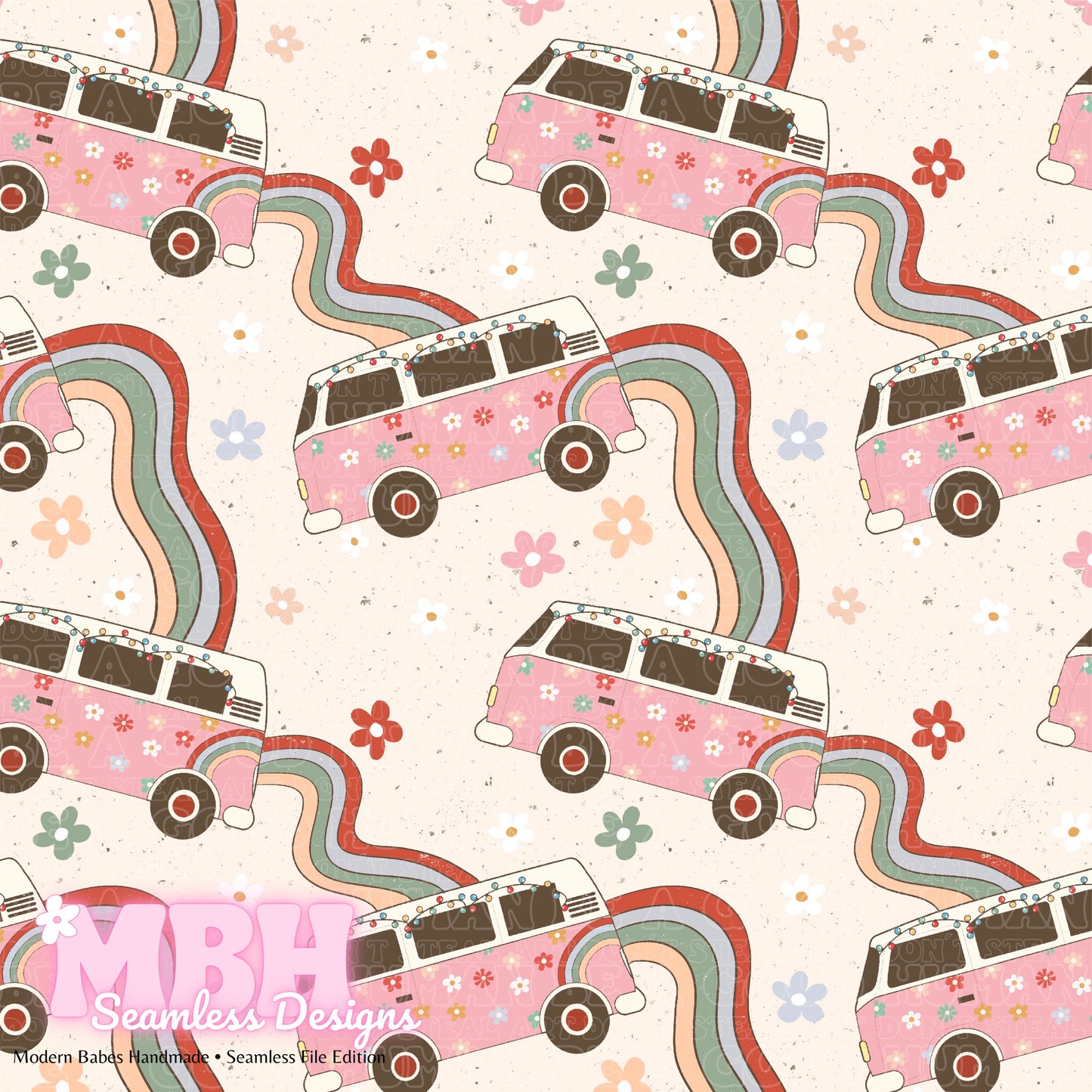 Holiday Hippie Bus Waves Seamless Pattern