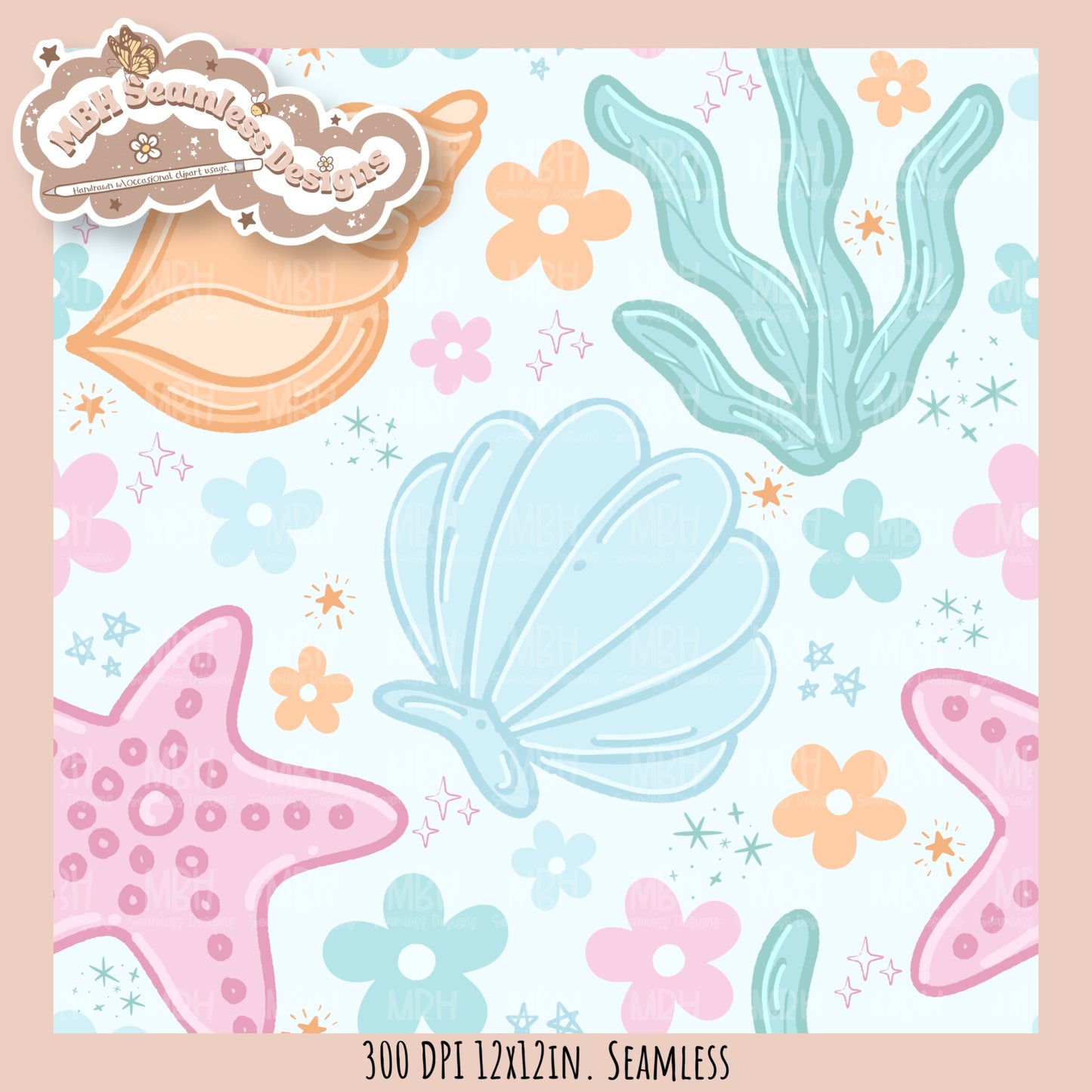 Pastel Seashells & Daisies Seamless Pattern MULTIPLE COLORWAYS