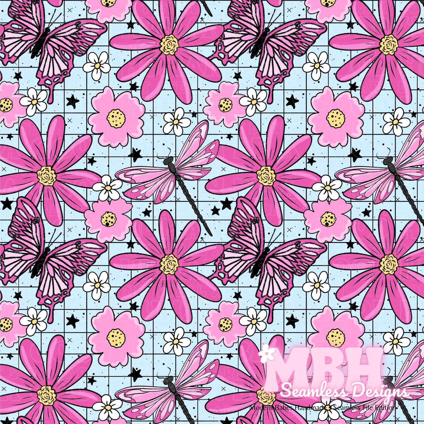 GRID Pink Butterfly Dragonfly Floral Seamless Pattern MULTIPLE COLORWAYS and COORDS