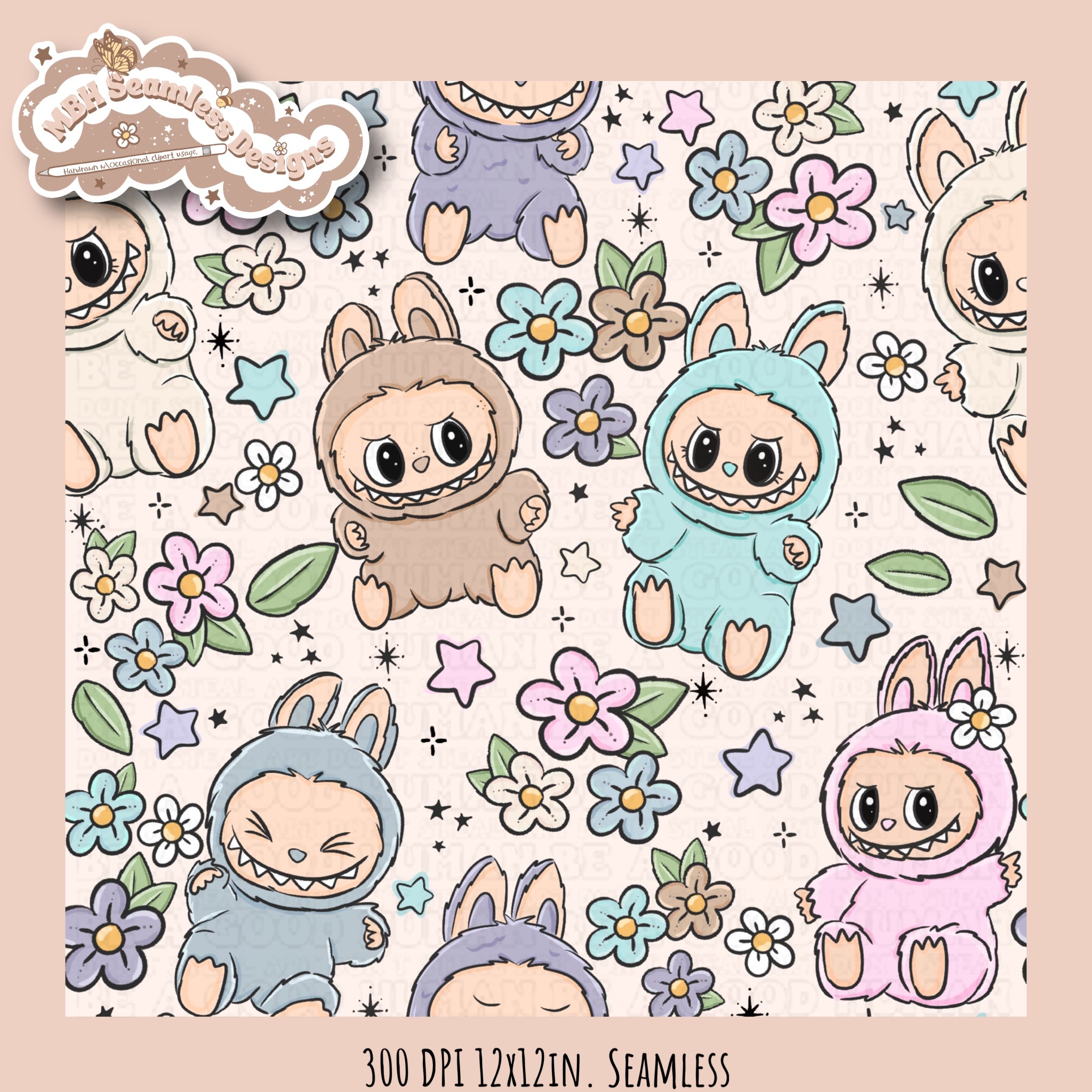 Custom Labubu Pattern Labubu Floral Seamless Pattern // PNGs • Assorted Colorway Options ...