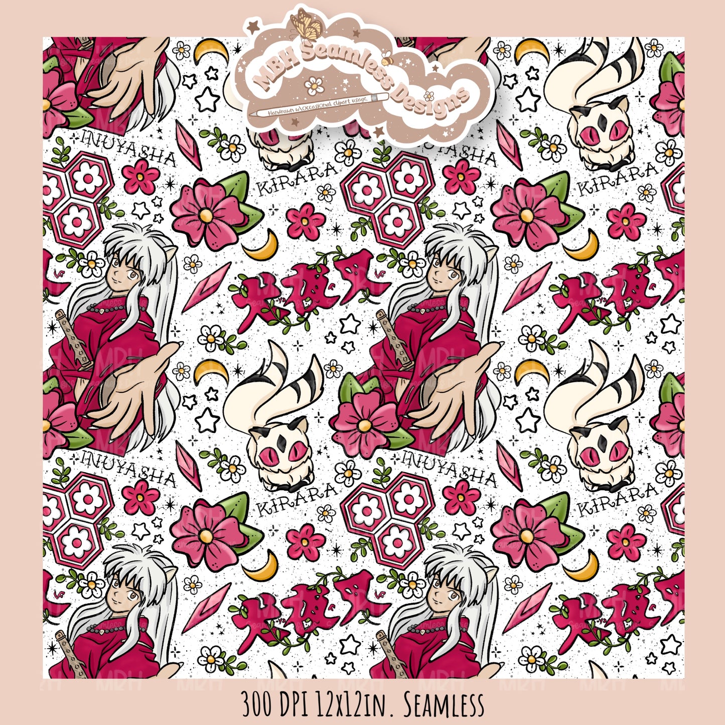 InuYasha Kirara Floral Seamless Pattern // PNG // MULTIPLE COLORWAY OPTIONS