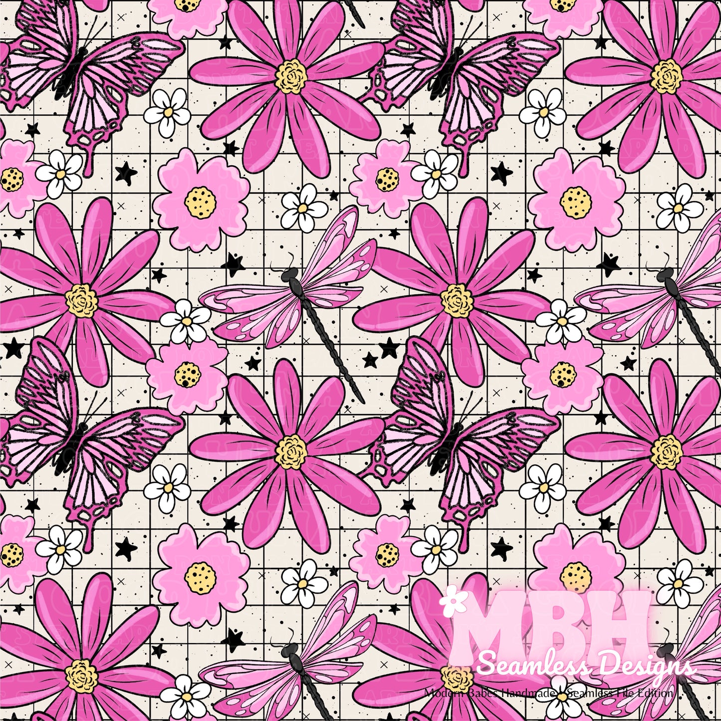 GRID Pink Butterfly Dragonfly Floral Seamless Pattern MULTIPLE COLORWAYS and COORDS