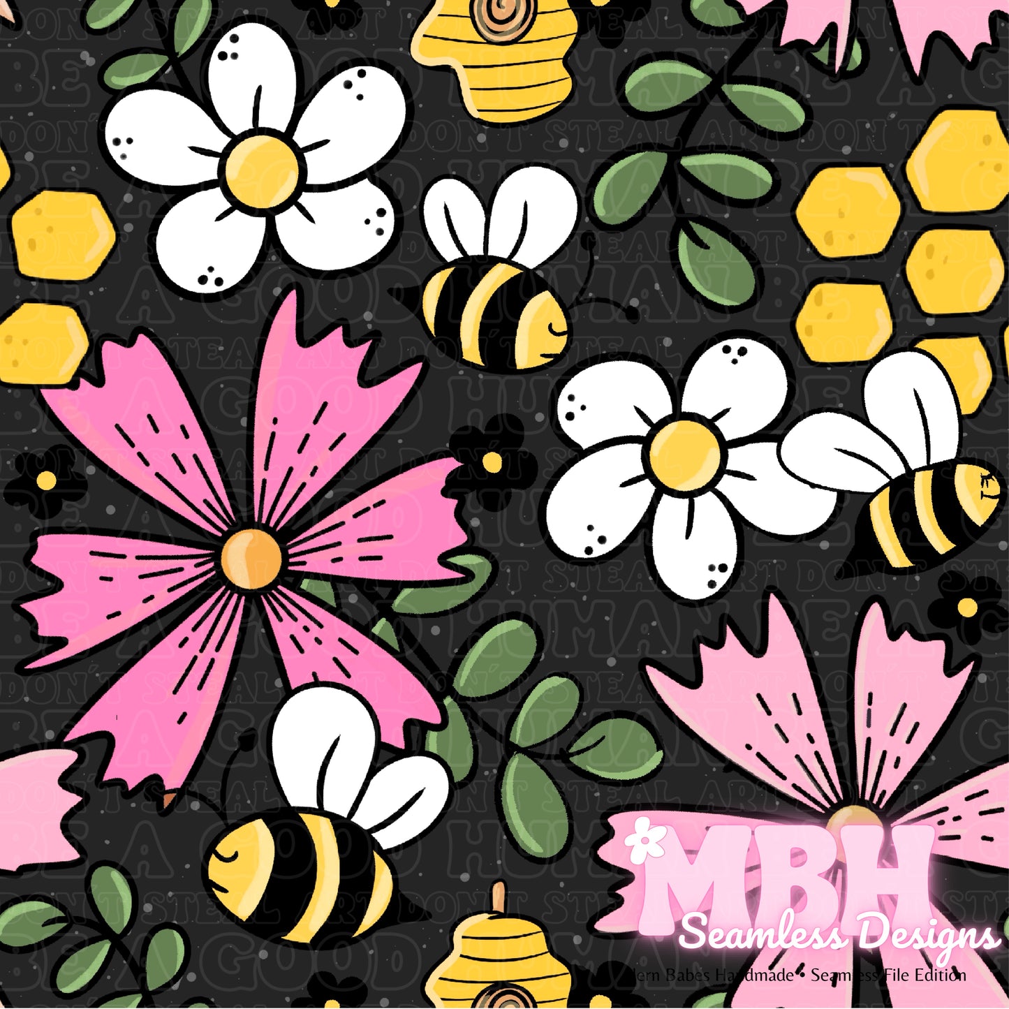 Pink Floral Bees MULTIPLE COLORWAYS Seamless Pattern