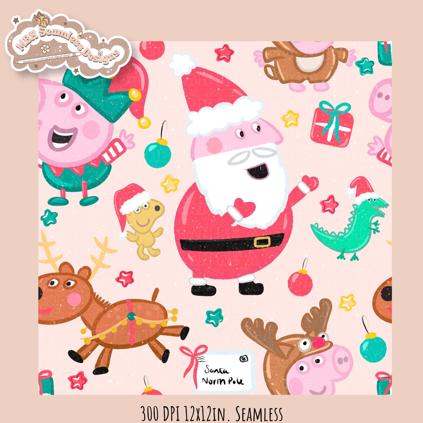 Peppa Christmas Seamless Pattern // PNG // Assorted Colorways
