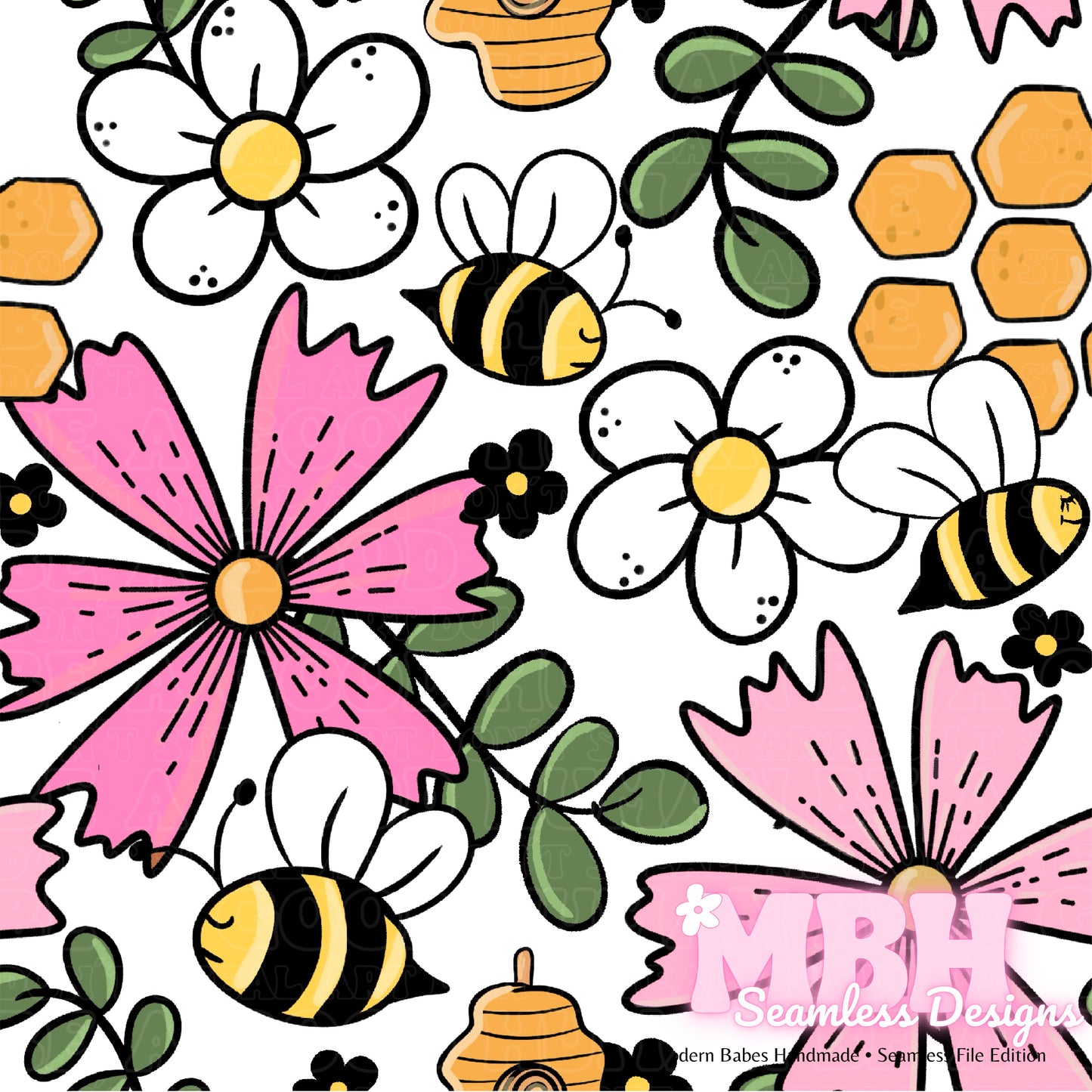 Pink Floral Bees MULTIPLE COLORWAYS Seamless Pattern