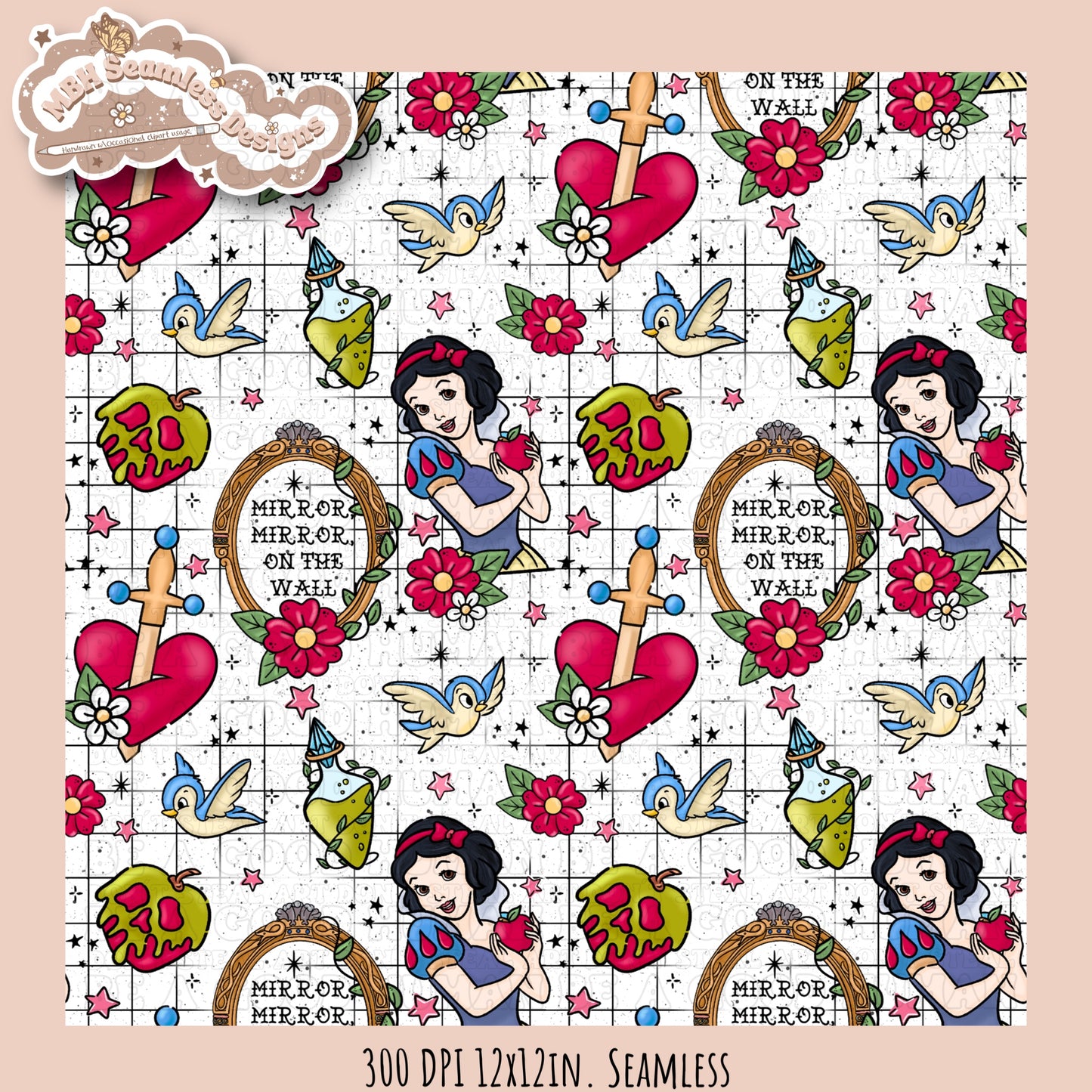 Snow White Tattoo Floral Seamless Pattern MULTIPLE COLORWAYS