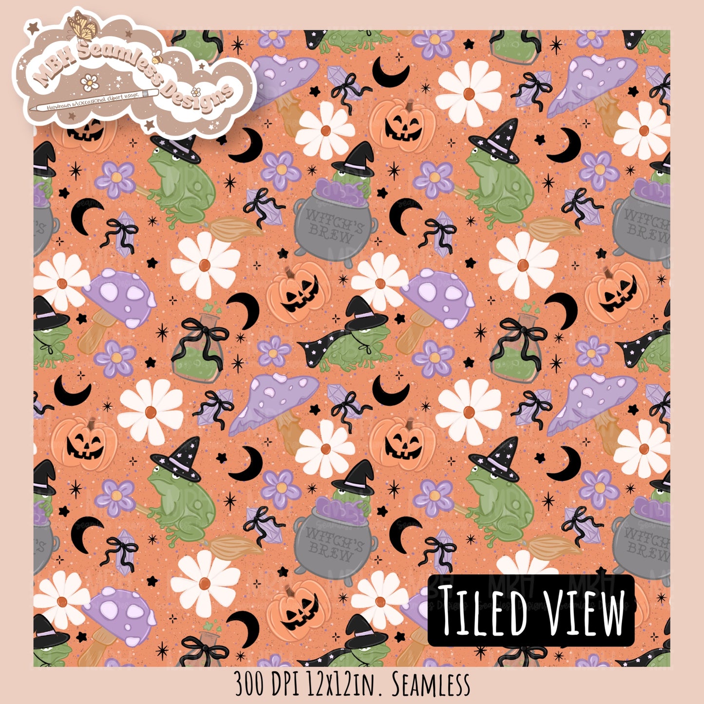 Coquette Witchy Frogs Seamless Pattern•PNG•Multiple Colorways