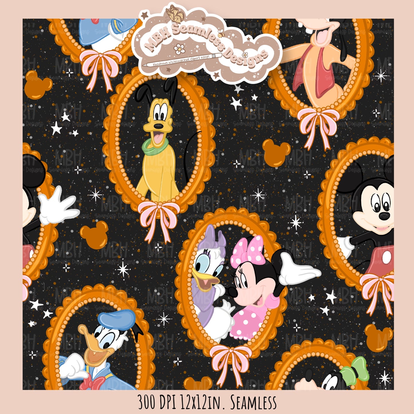 Coquette Framed Mouse and Friends Seamless Pattern • PNG • Assorted Colorway Options