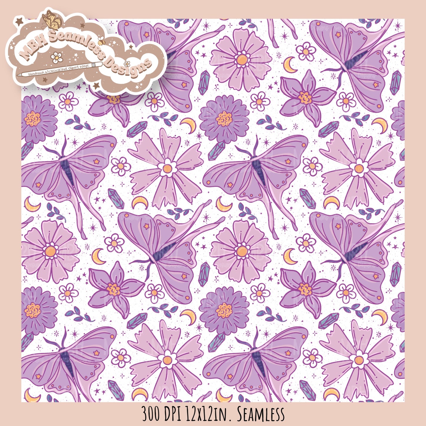 Starry Night Floral Luna Moths Seamless Pattern // PNG//  MULTIPLE COLORWAYS