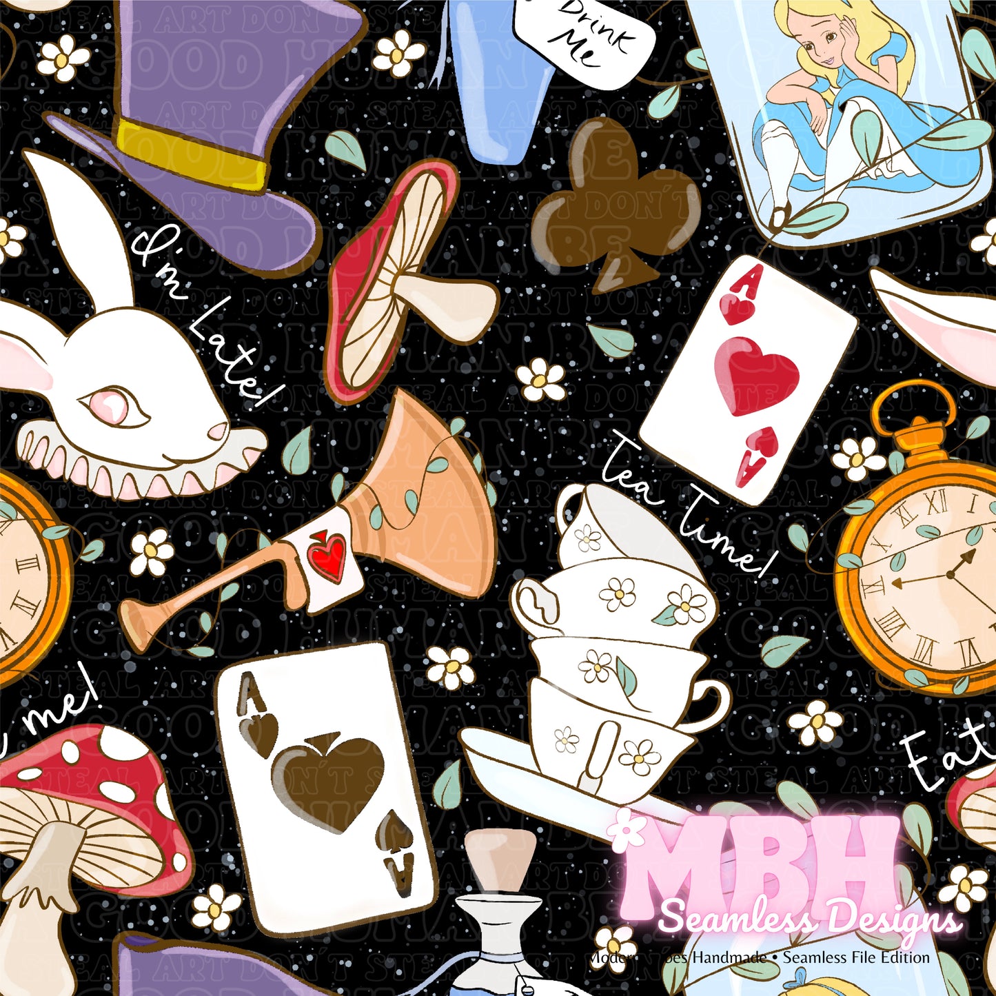 Alice In Wonderland Assorted Colorways Seamless Pattern