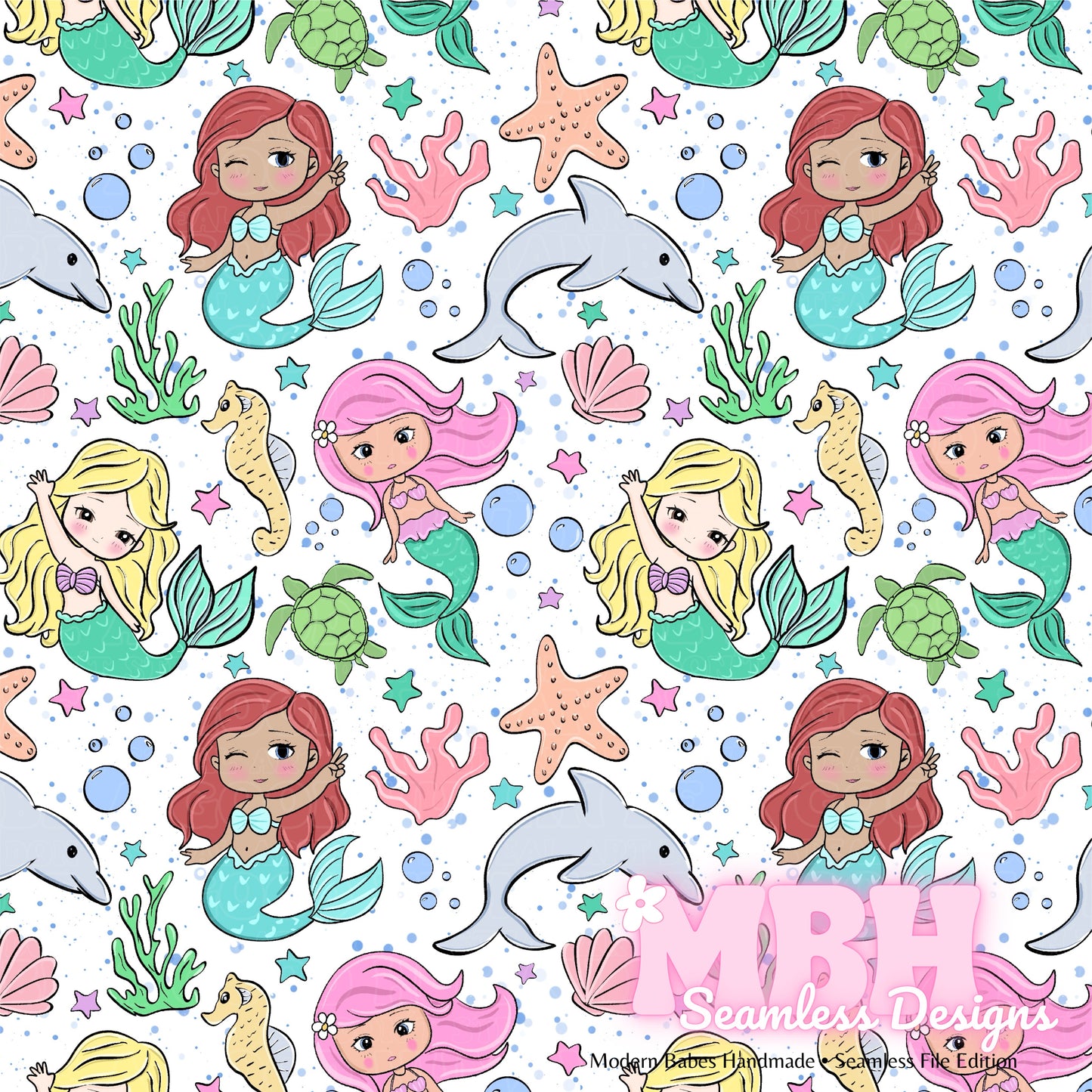 Chibi Mermaids Seamless Pattern MULTIPLE COLORWAYS