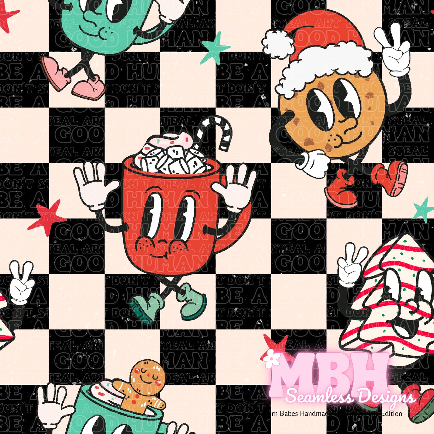 Checkered Holiday Character Treats Seamless Pattern
