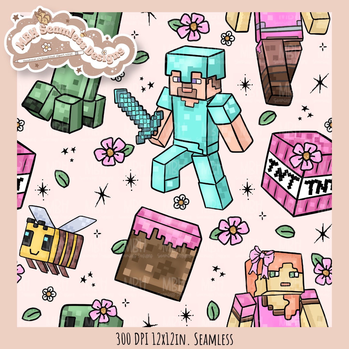 Girly Minecraft Seamless Pattern MULTIPLE COLORWAYS