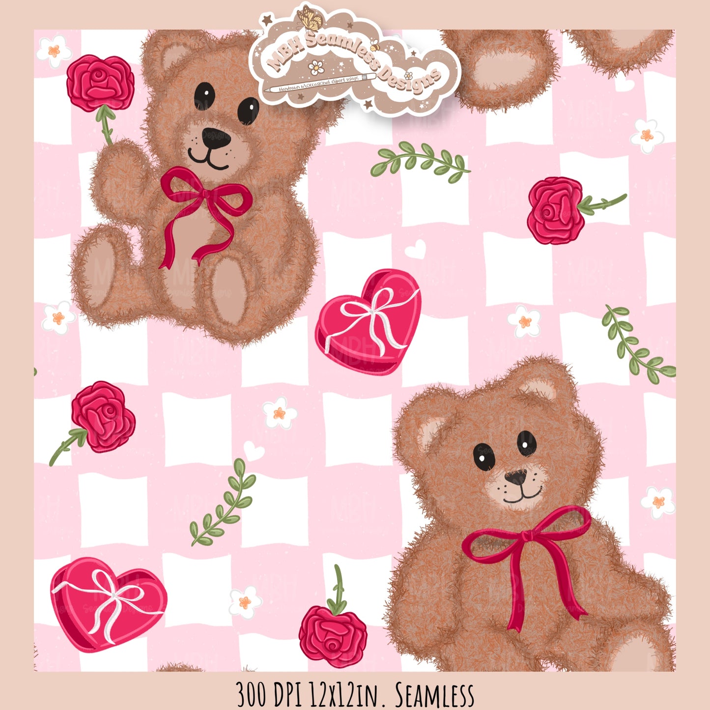 Teddy Bears & Roses Seamless Pattern // PNG // Assorted Colorways