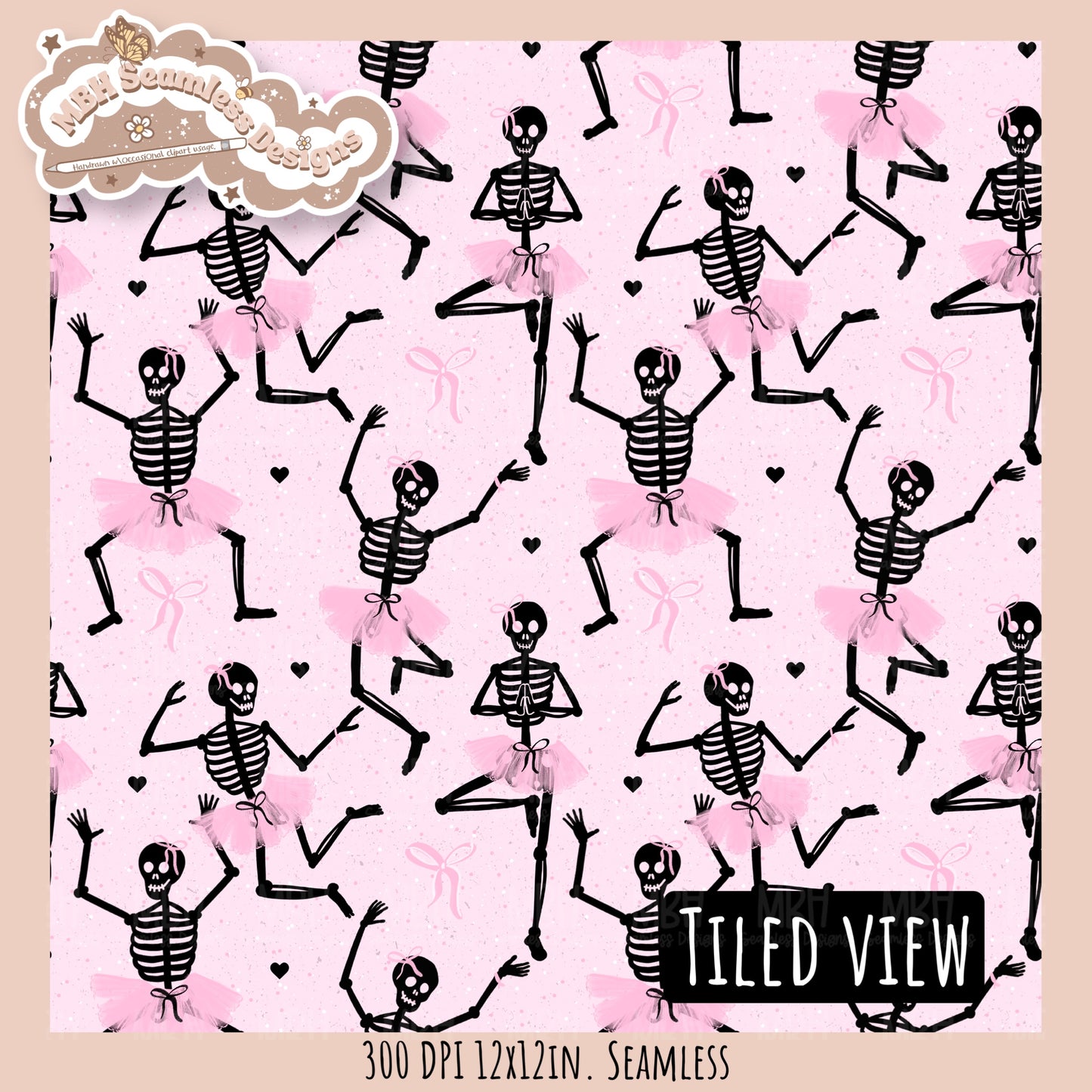 Ballerina Skeletons Seamless Pattern•PNG•Multiple Colorways